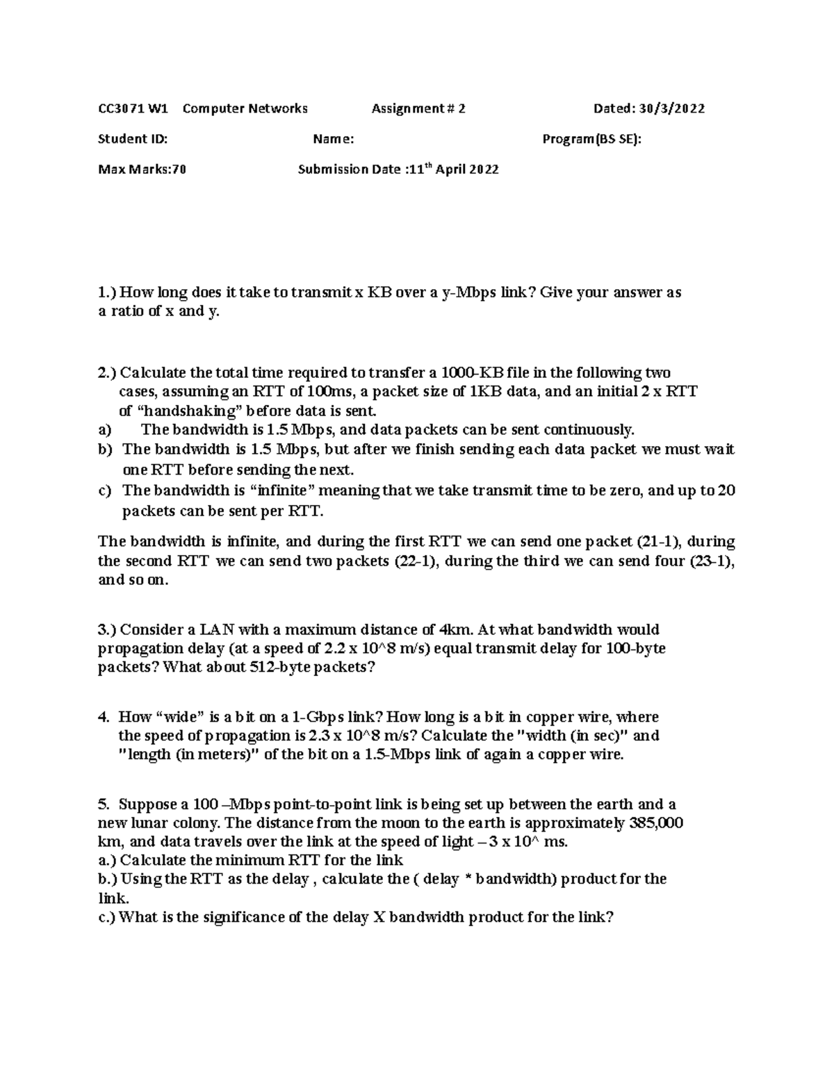 Assignment # 2 SE 332 CN W1 - CC3071 W1 Computer Networks Assignment ...