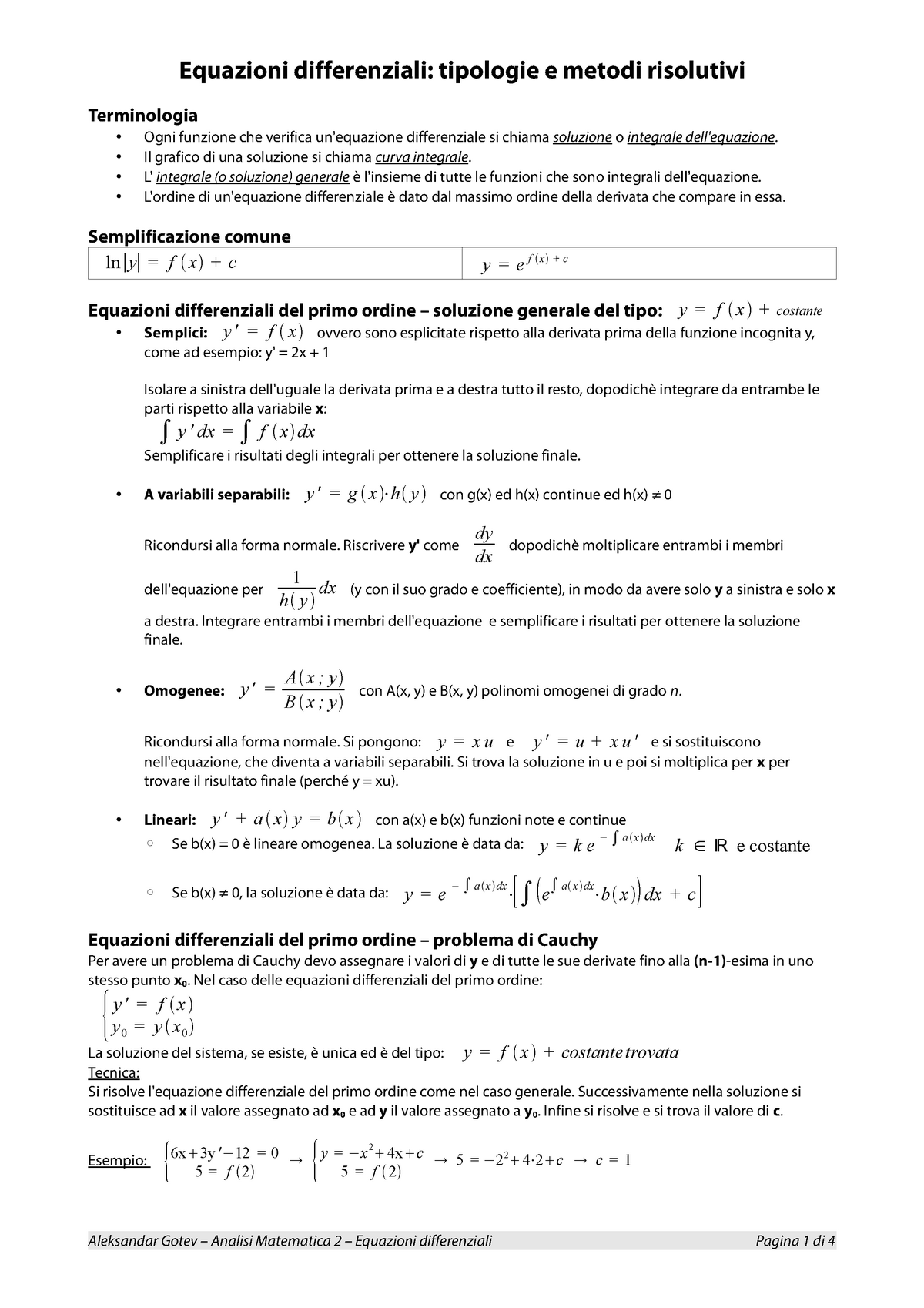 Equazioni Differenziali Tipologie E Metodi Risolutivi Studocu