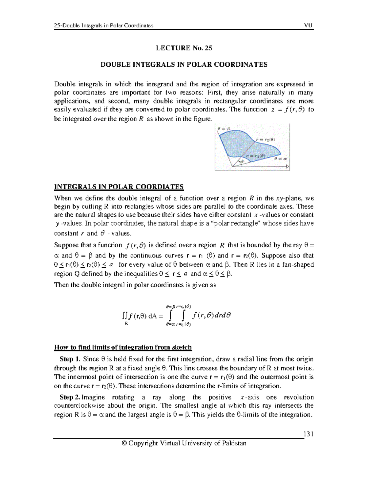 Lecture 25 - 131 LECTURE No. 25 DOUBLE INTEGRALS IN POLAR COORDINATES ...