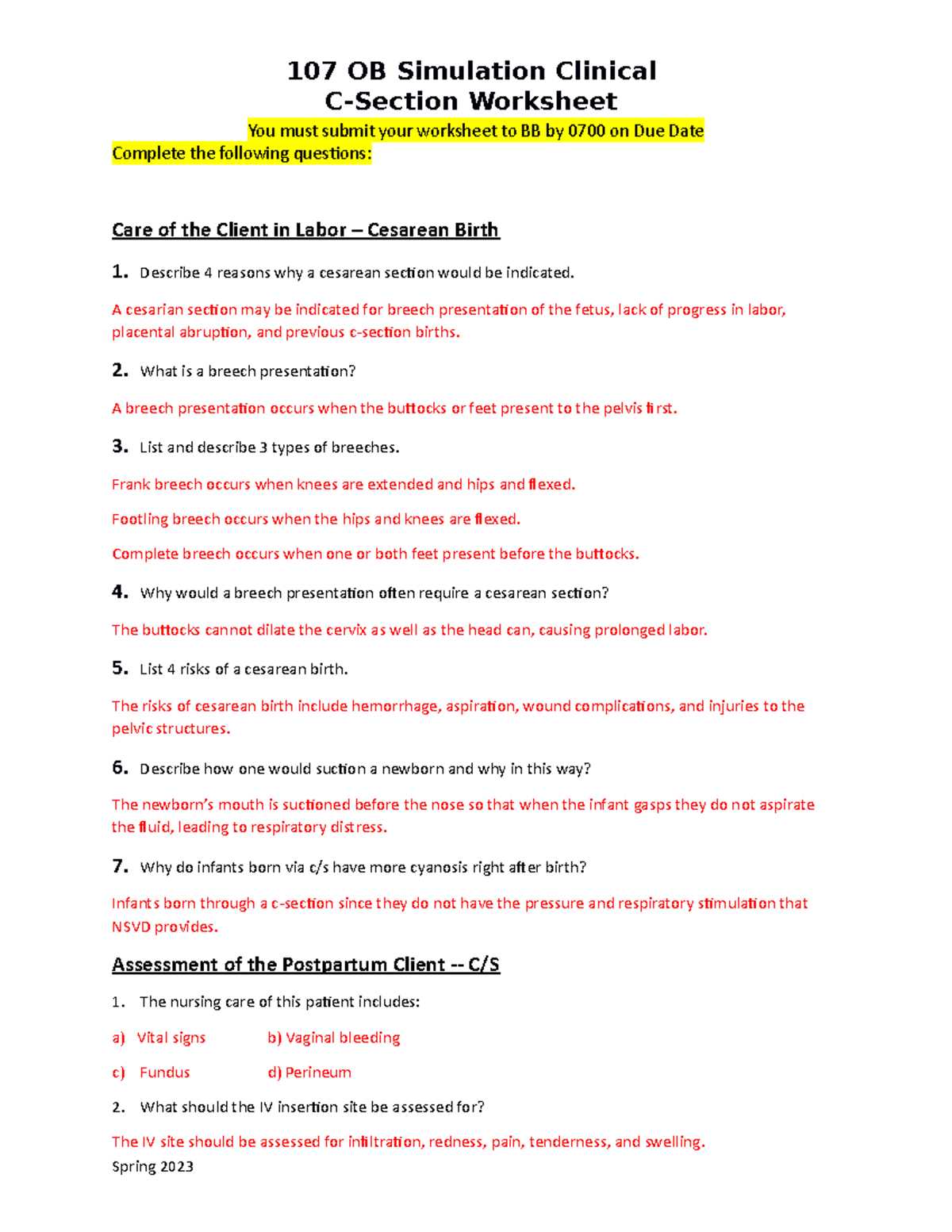 Wrksht 3 C- Section C - 107 Clinical Worksheets - 107 OB Simulation ...