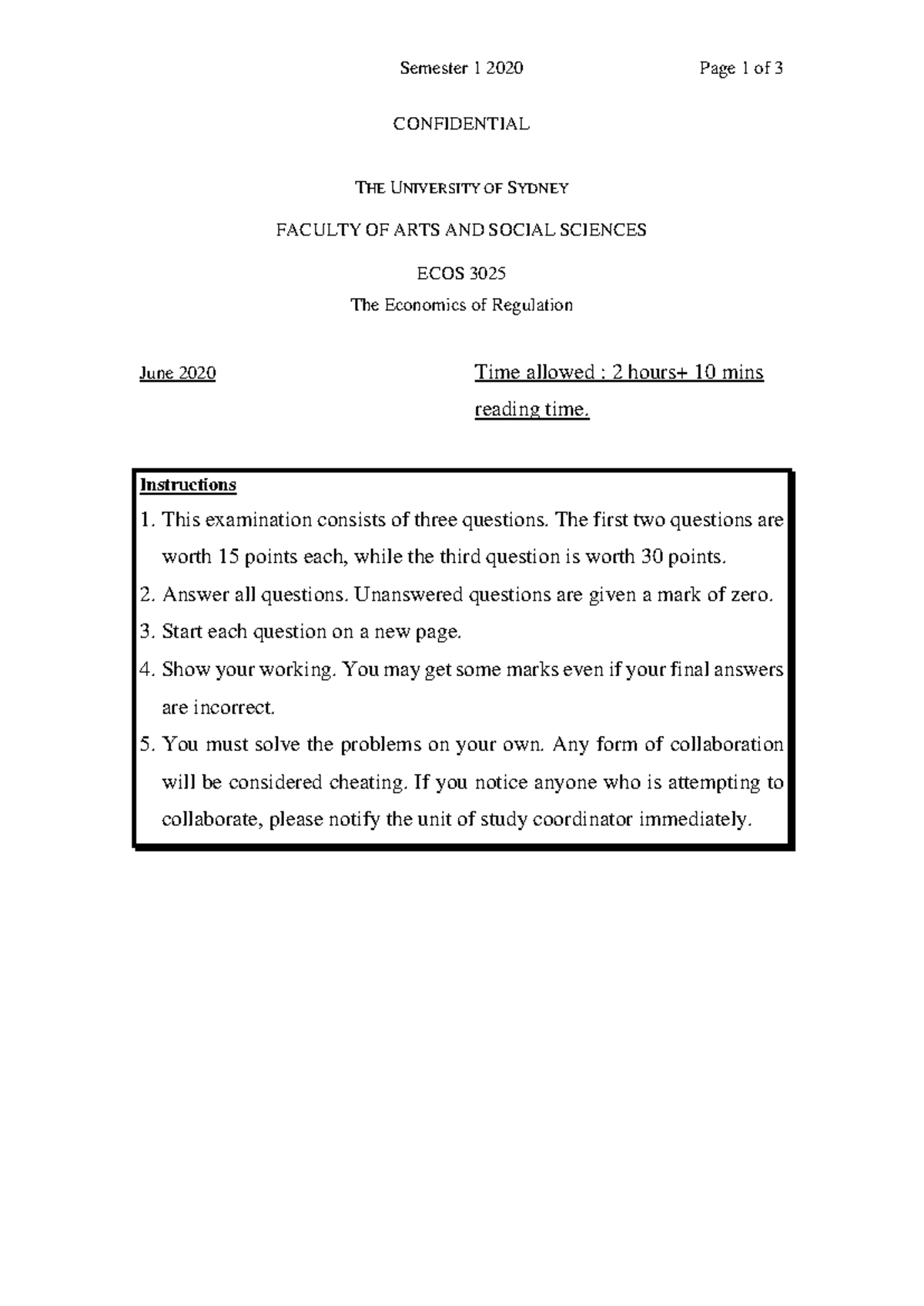 Final 2020semester 1-1 - Semester 1 2020 Page 1 of 3 CONFIDENTIAL THE ...