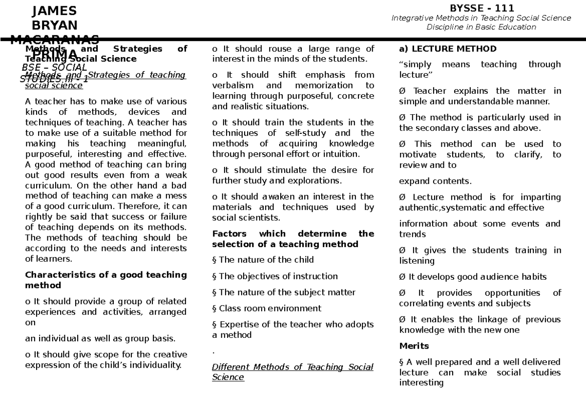 Imtssdibe - Lecture notes 1 - Integrative Methods in Teaching Social ...