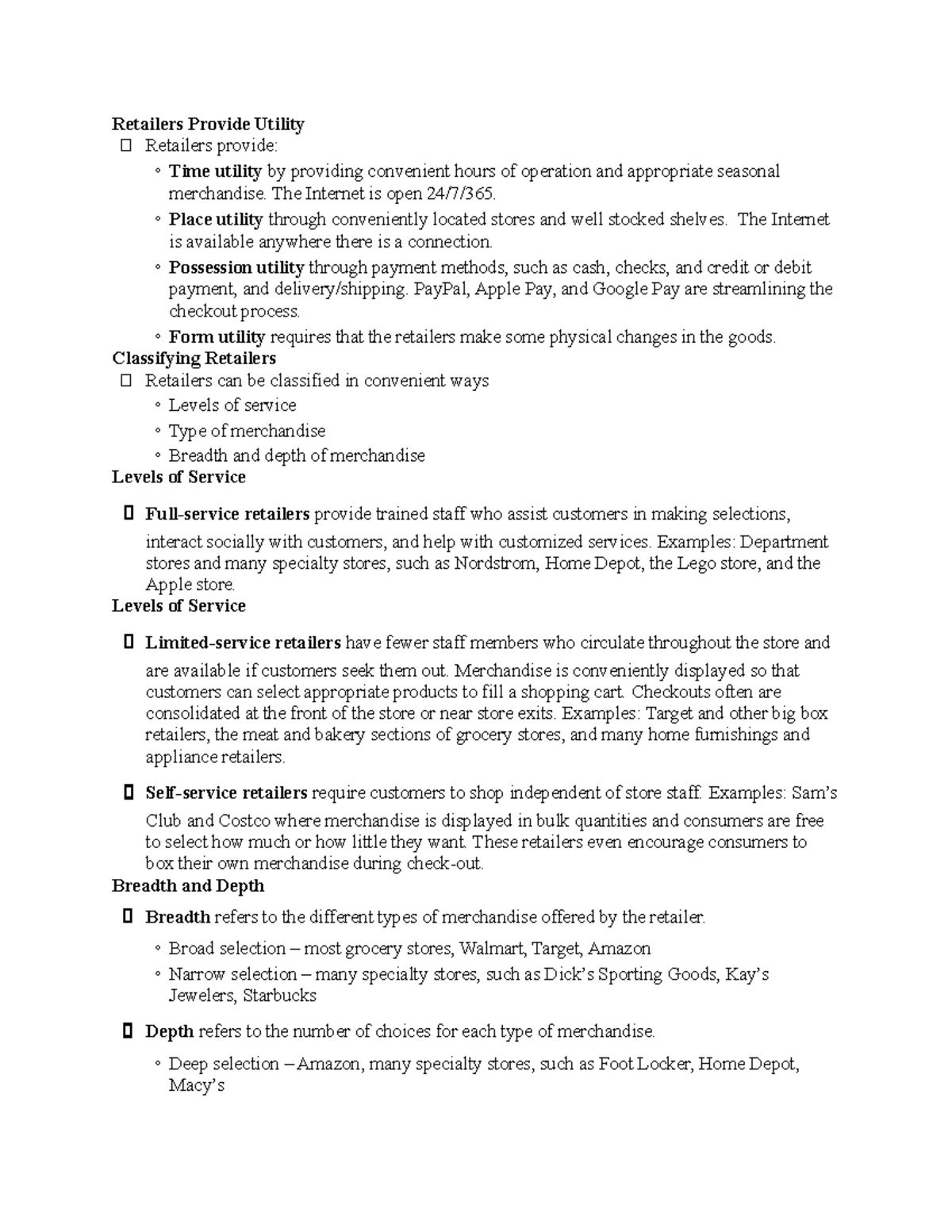 MKT315-Ch. 8 - lecture notes - Retailers Provide Utility ฀ Retailers ...