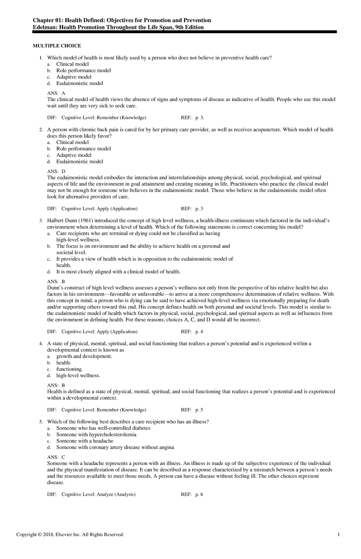 Exam View - Chapter 01 - Nur1390 - Chapter 01: Health Defined 