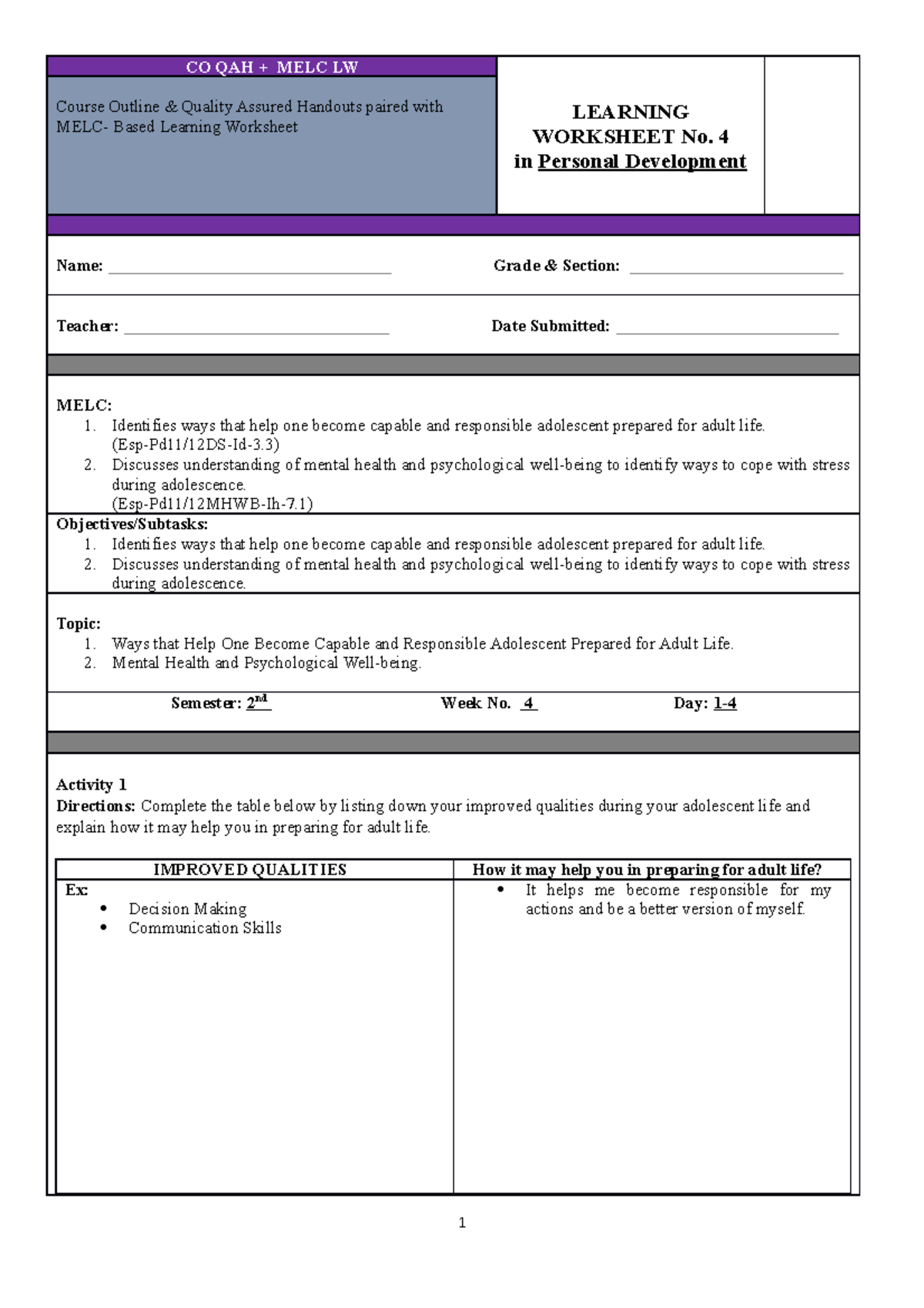 Perdev-WEEK 4-worksheet - CO QAH + MELC LW LEARNING WORKSHEET No. 4 In ...