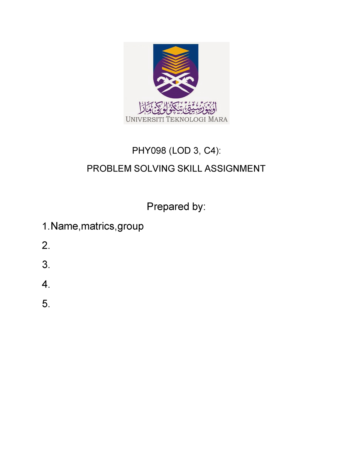 problem solving assignment phy098