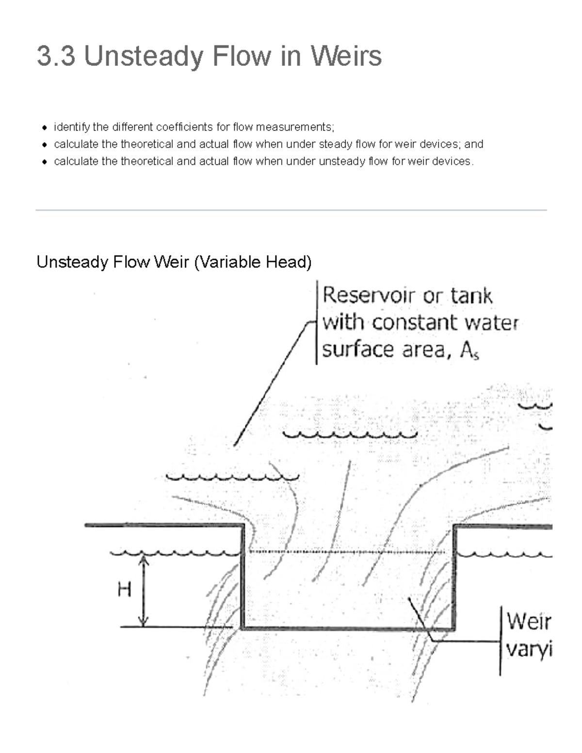 3.3 Unsteady Flow in Weirs CE 319 Hydraulics Engineering 3 Unsteady