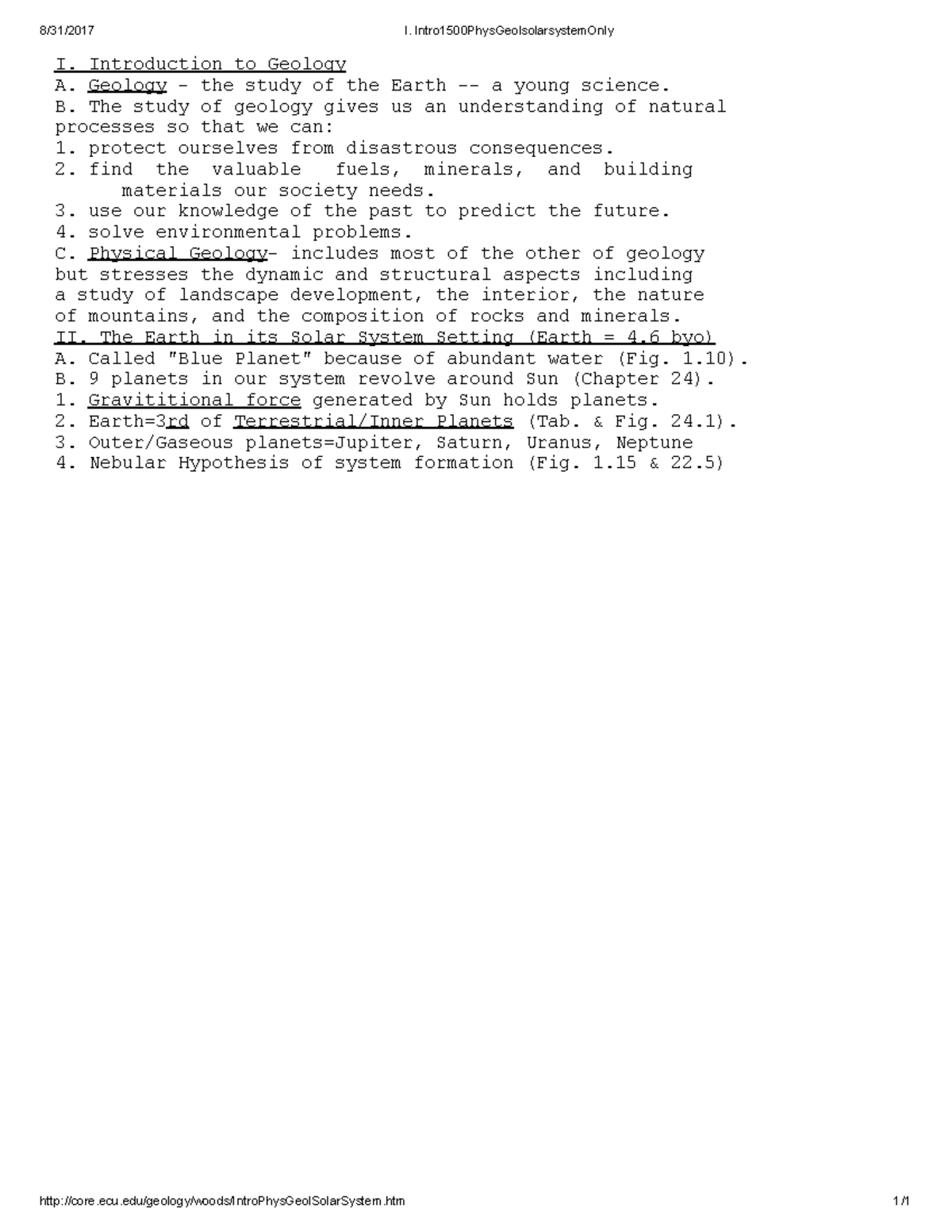 Introduction to Geology - I. Intro1500PhysGeolsolarsystemOnly I ...