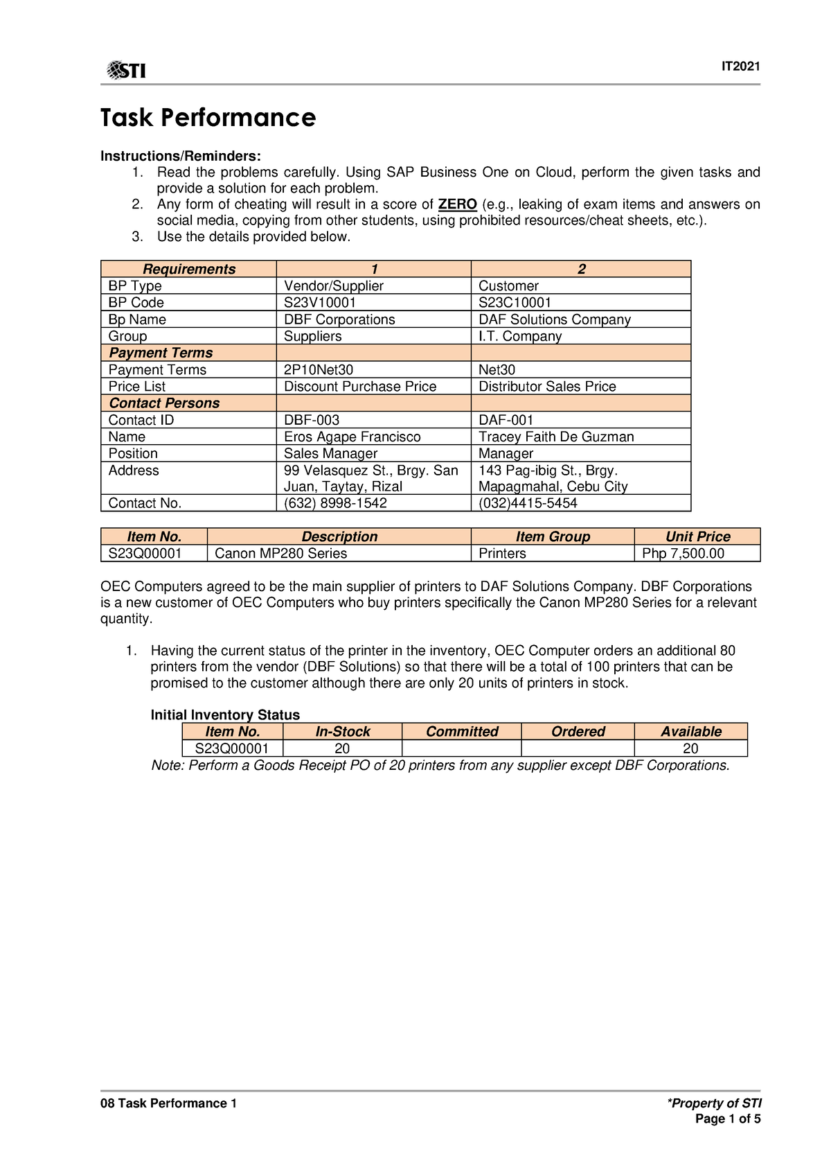 08 Task Performance 1(12) - 08 Task Performance 1 *Property Of STI Task ...