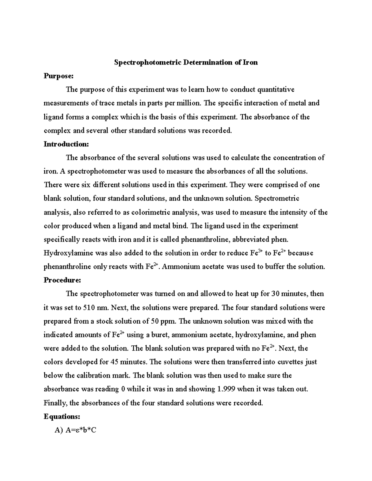 Spectrophotometric Report - Spectrophotometric Determination of Iron ...