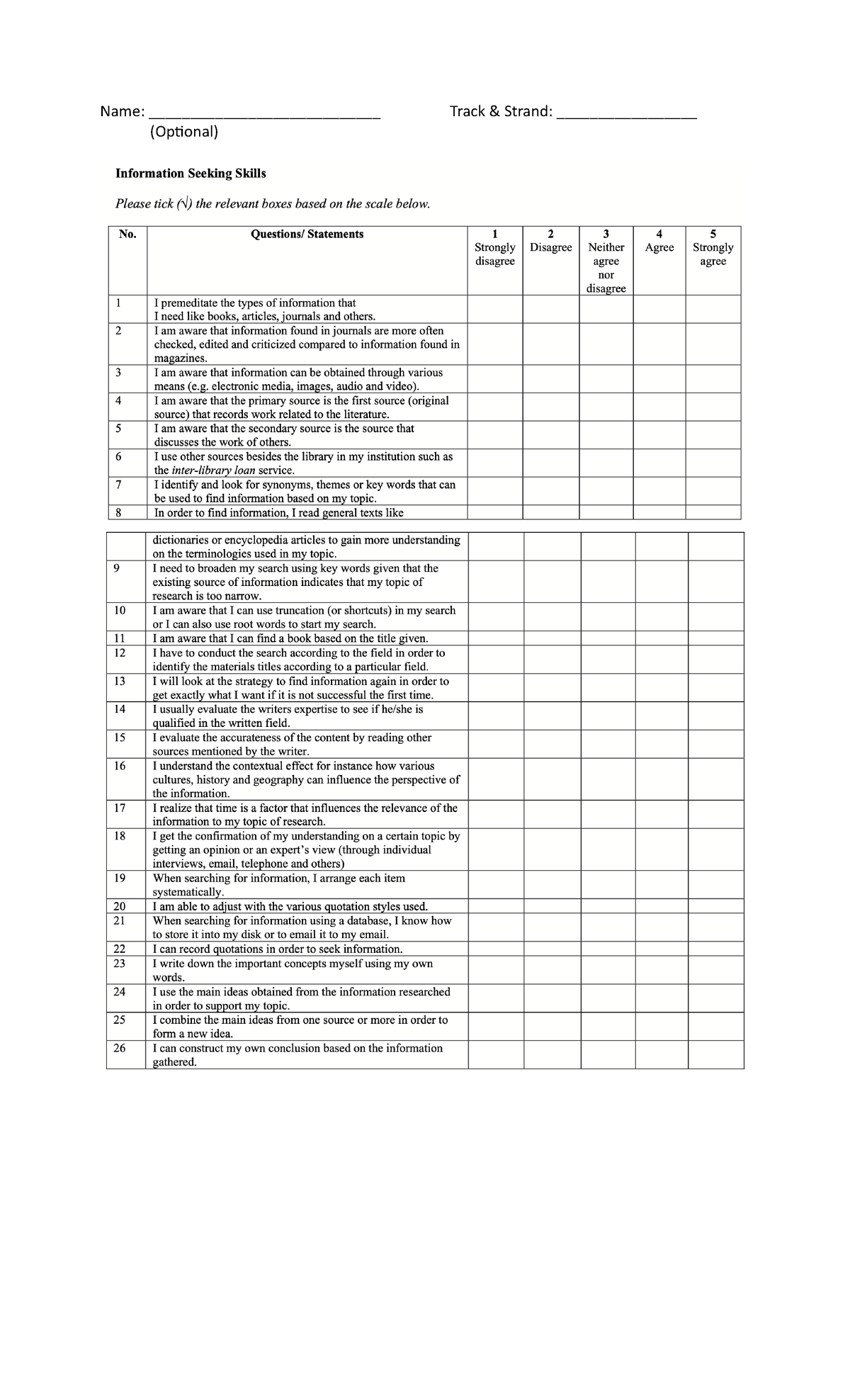 Research Skills Instrument - Media And Information Literacy - Name