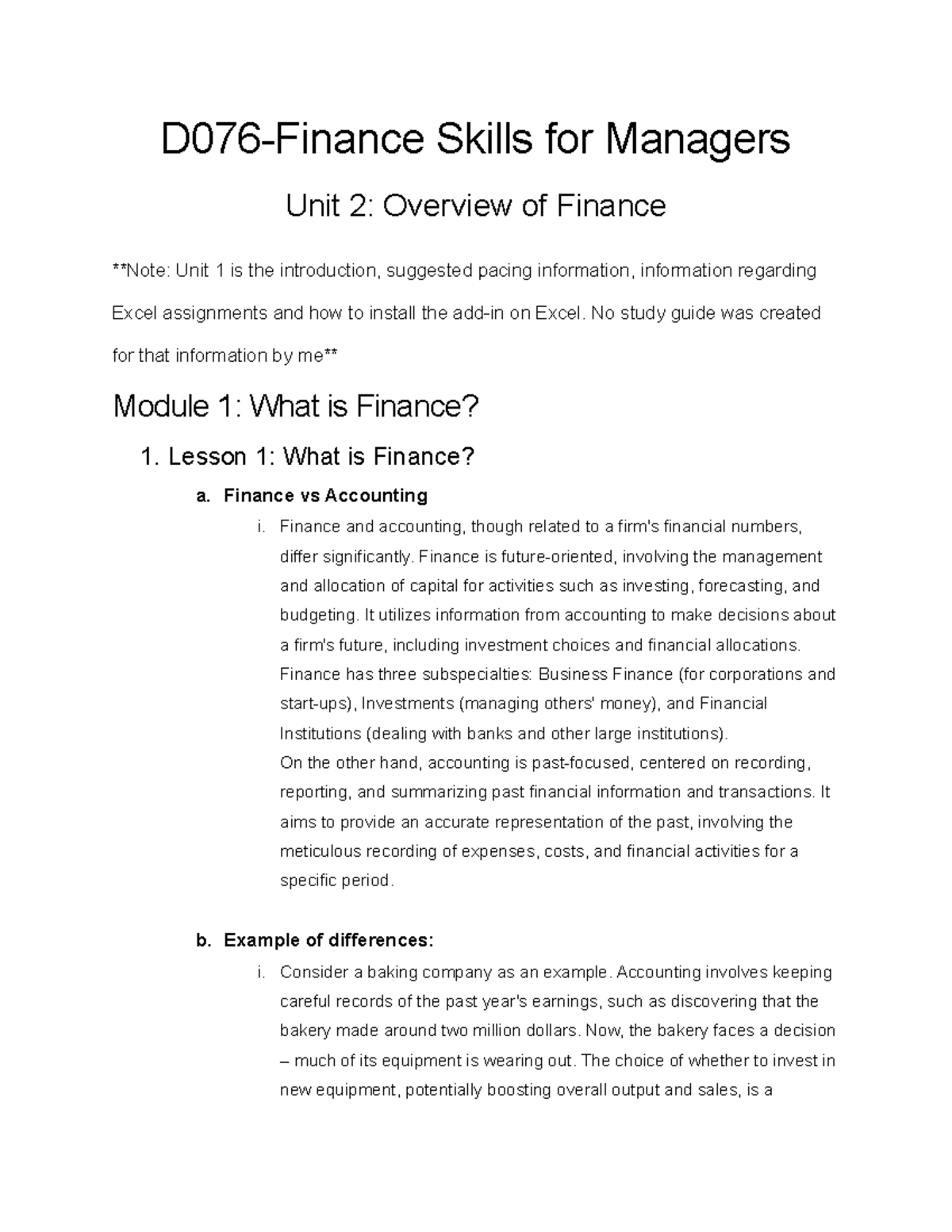 D076 Study Guide Unit 2 - Notes - D076-Finance Skills for Managers Unit ...