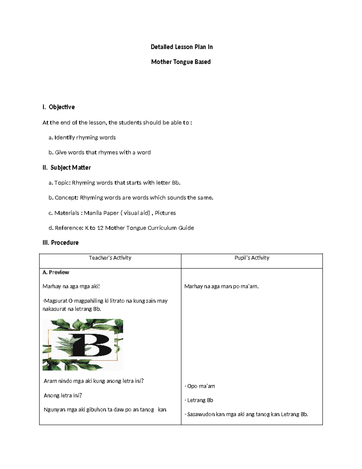 Detailed Lesson Plan In MTB-MLE - Detailed Lesson Plan In Mother Tongue ...