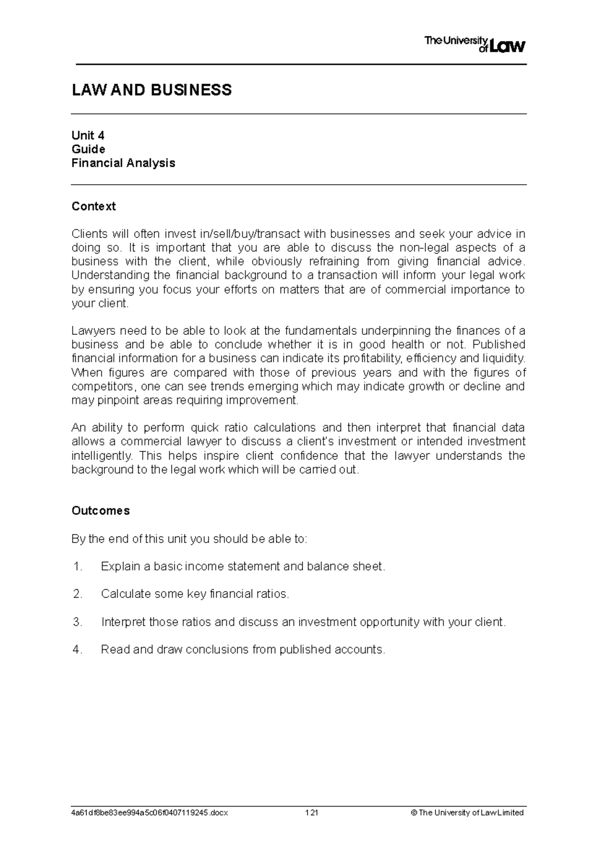 2223 lbus ws04 ce01 guide - LAW AND BUSINESS Unit 4 Guide Financial ...