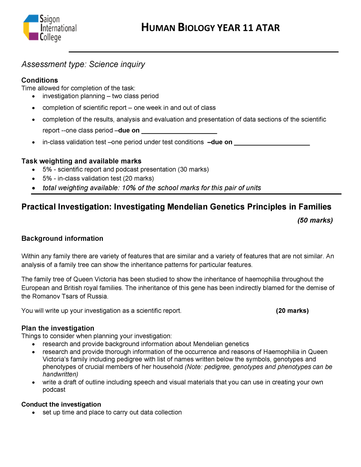 Aehby Science Inquiry 2 Mendelian Genetics - HUMAN BIOLOGY YEAR 11 ATAR ...