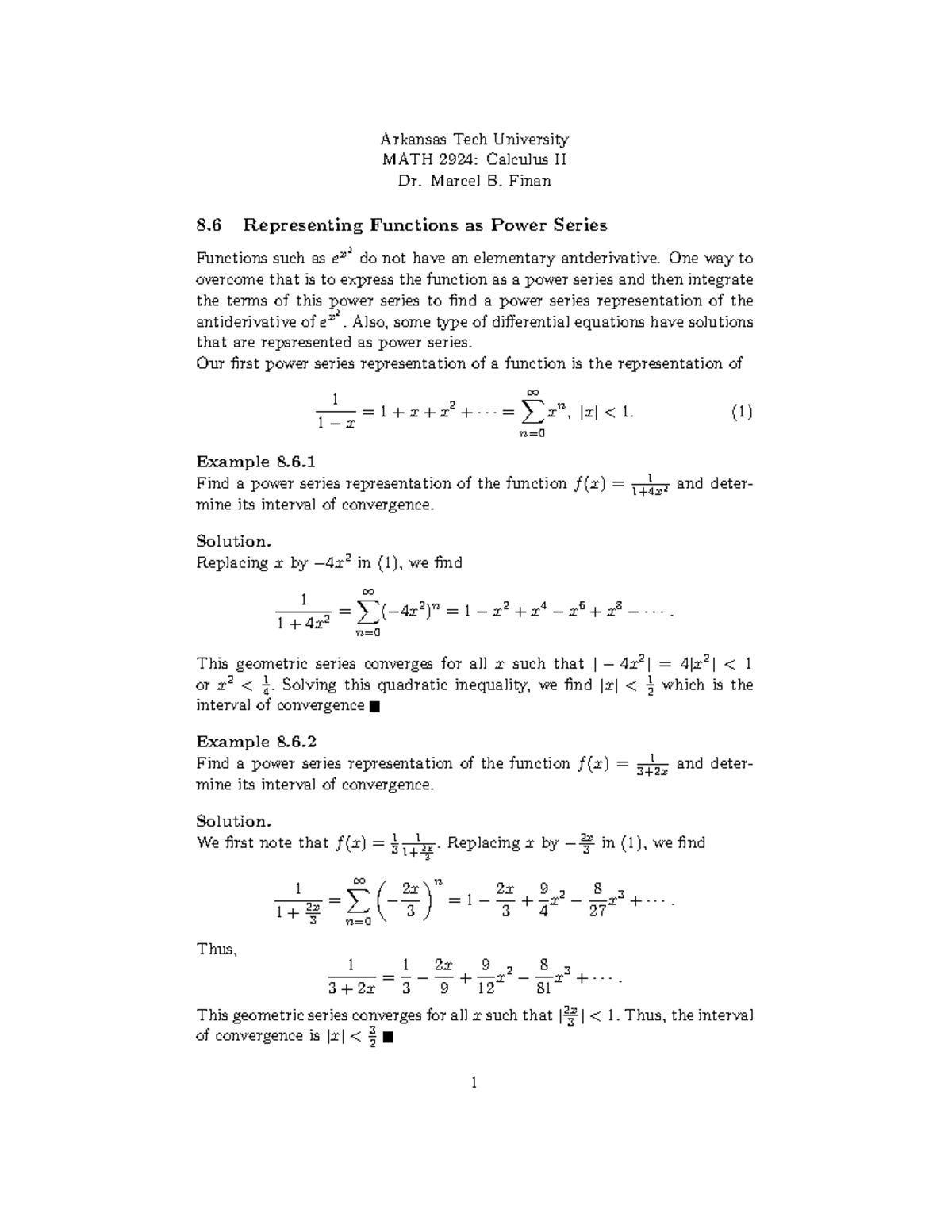 Cal86 lec Arkansas Tech University MATH 2924 Calculus II Dr