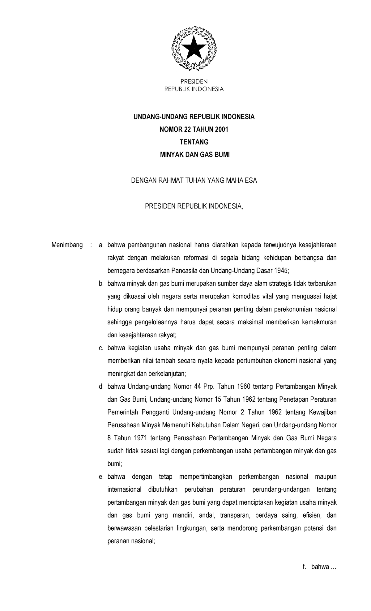 UU Nomor 22 Tahun 2001 - Undang Undang - REPUBLIK INDONESIA UNDANG ...