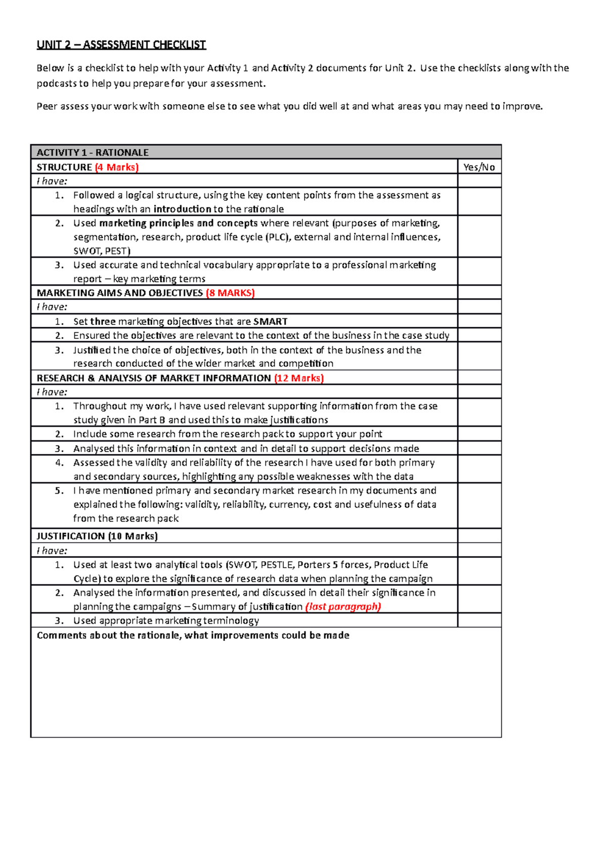 Activity 1 and Activity 2 assessment checklists - Studocu