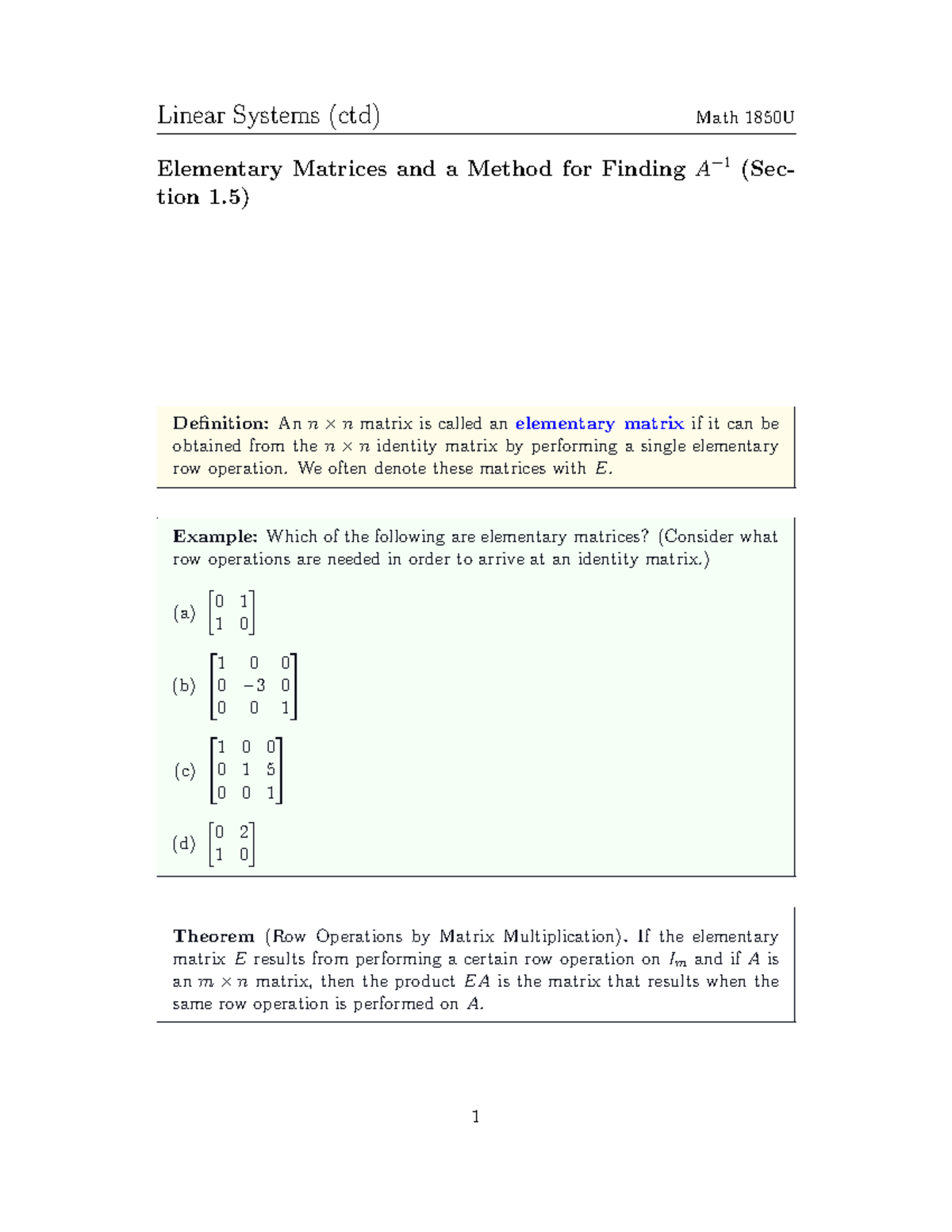 1850 Lecture 5 - Calc - Linear Systems (ctd) Math 1850U Elementary ...