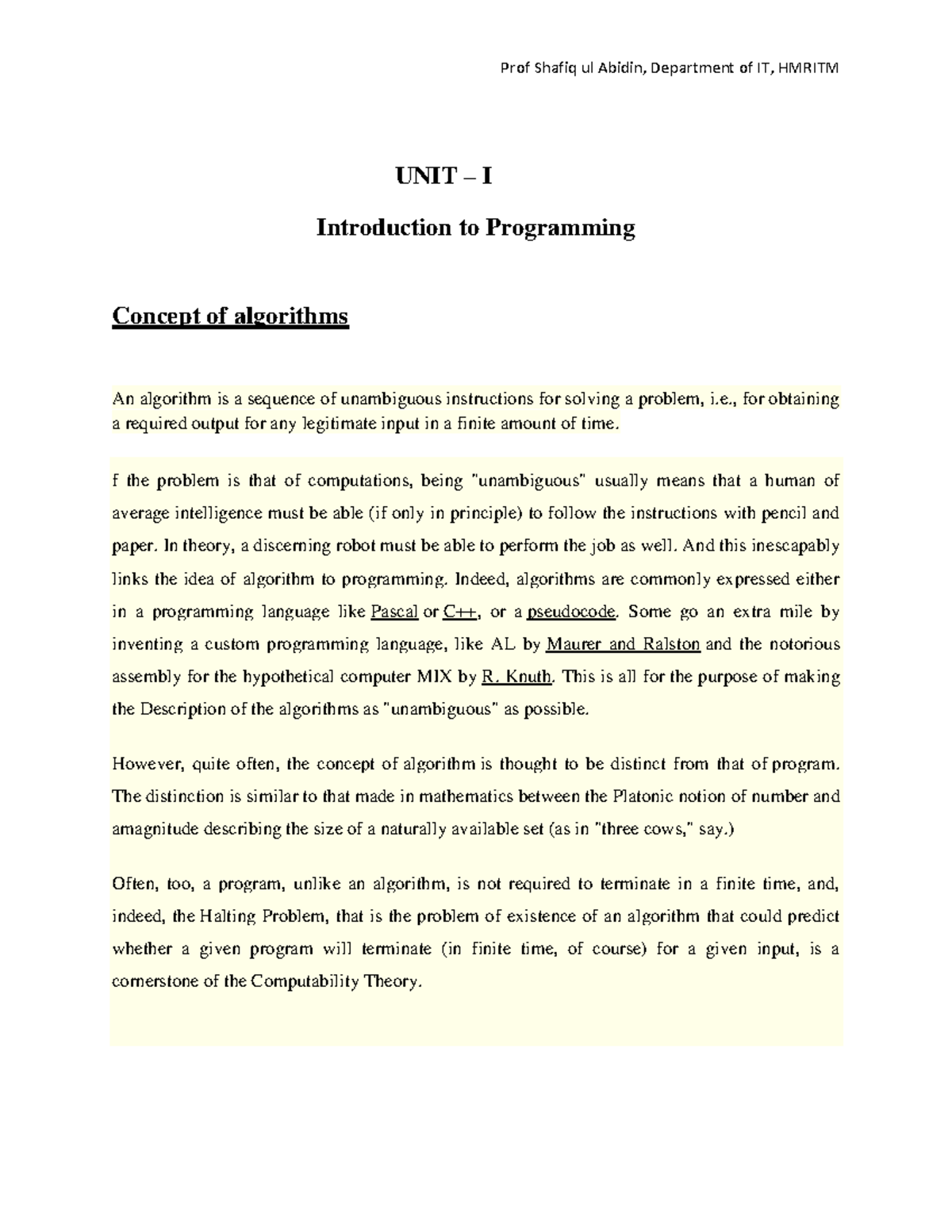 ITP Notes - nil - UNIT – I Introduction to Programming Concept of ...