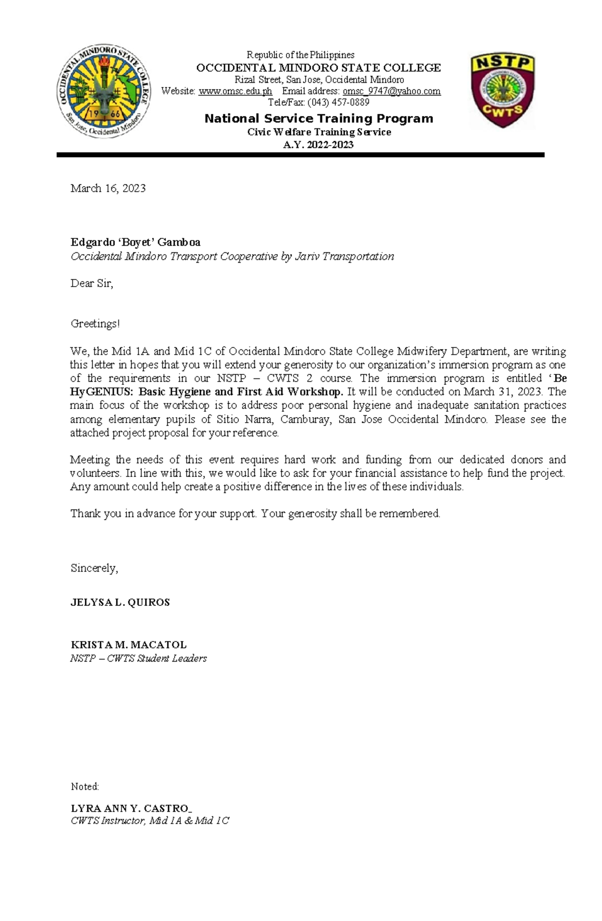 Solicitation- Letter - Republic of the Philippines OCCIDENTAL MINDORO ...