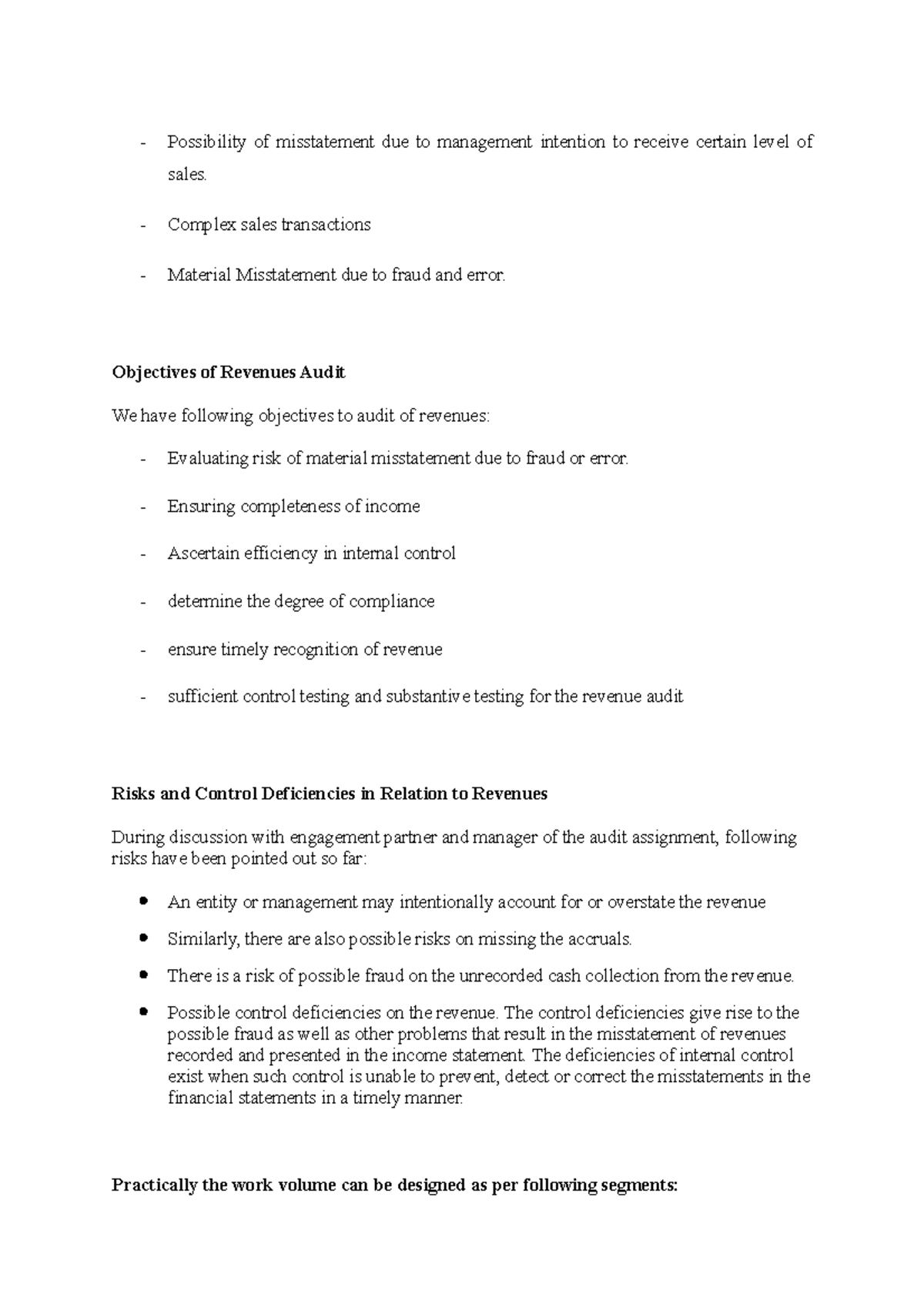 Audit of Revenue Planning - Possibility of misstatement due to ...