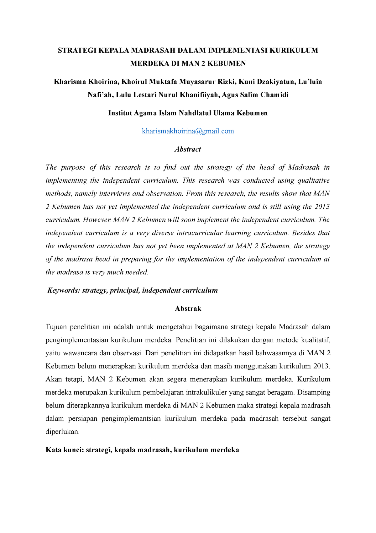 Artikel Strategi Kepala Sekolah Man 2 Kebumen Strategi Kepala Madrasah Dalam Implementasi