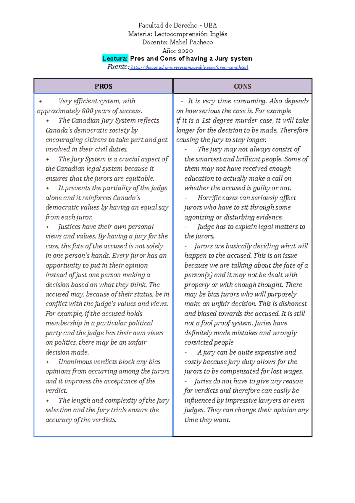 Jury system - Pros and Cons - Facultad de Derecho - UBA Materia ...