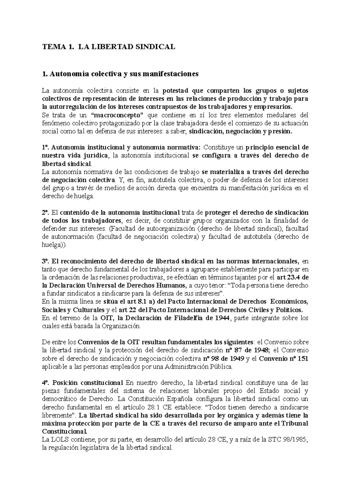 Tema 1. Derecho Sindical - TEMA 1. LA LIBERTAD SINDICAL 1. Autonomía ...