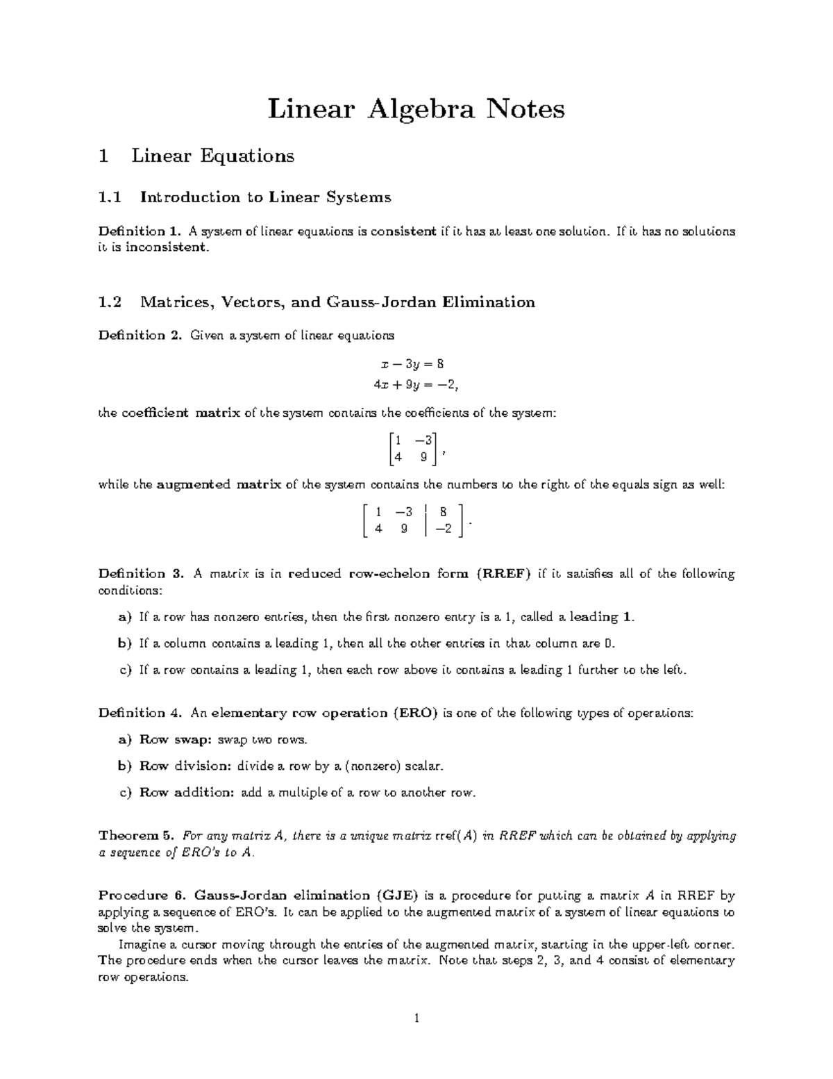 Linear Álgebra notes - Linear Algebra Notes 1 Linear Equations 1 ...