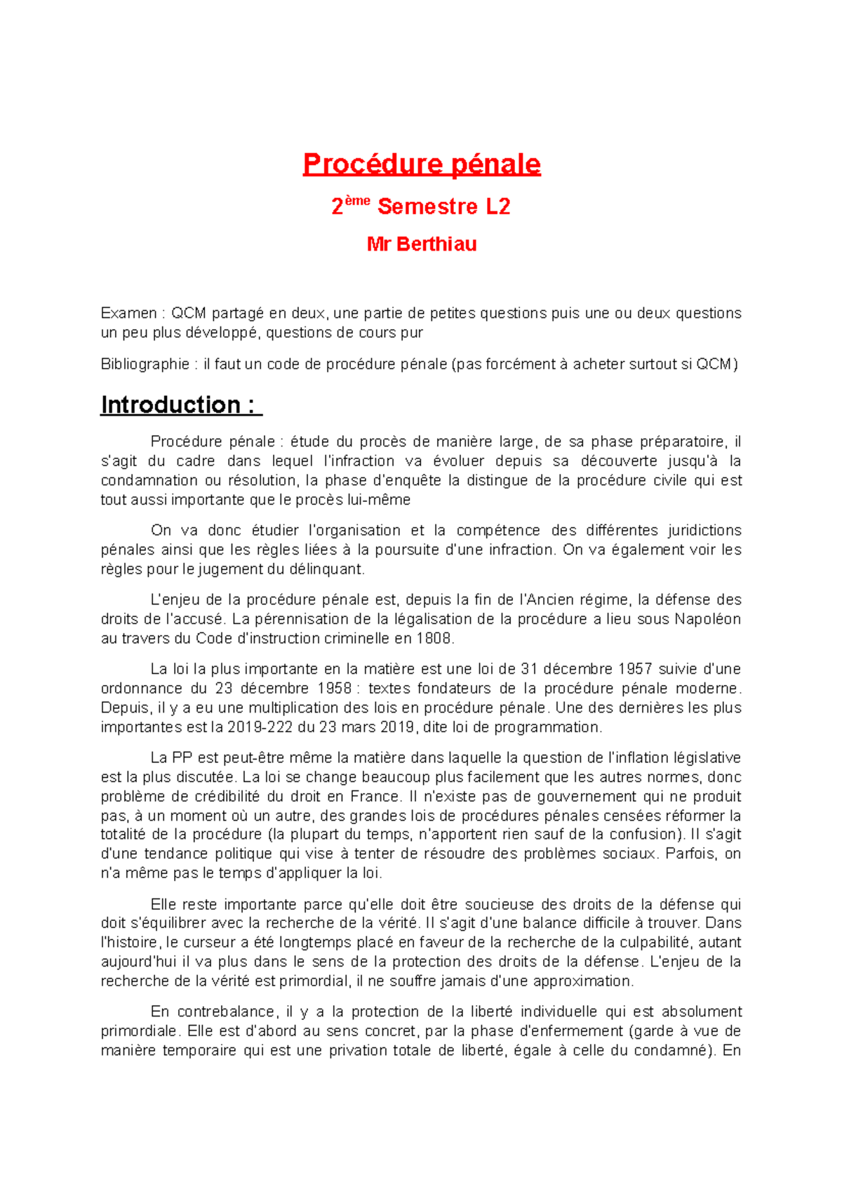 Procédure pénale - Procédure pénale 2 ème Semestre L Mr Berthiau Examen ...