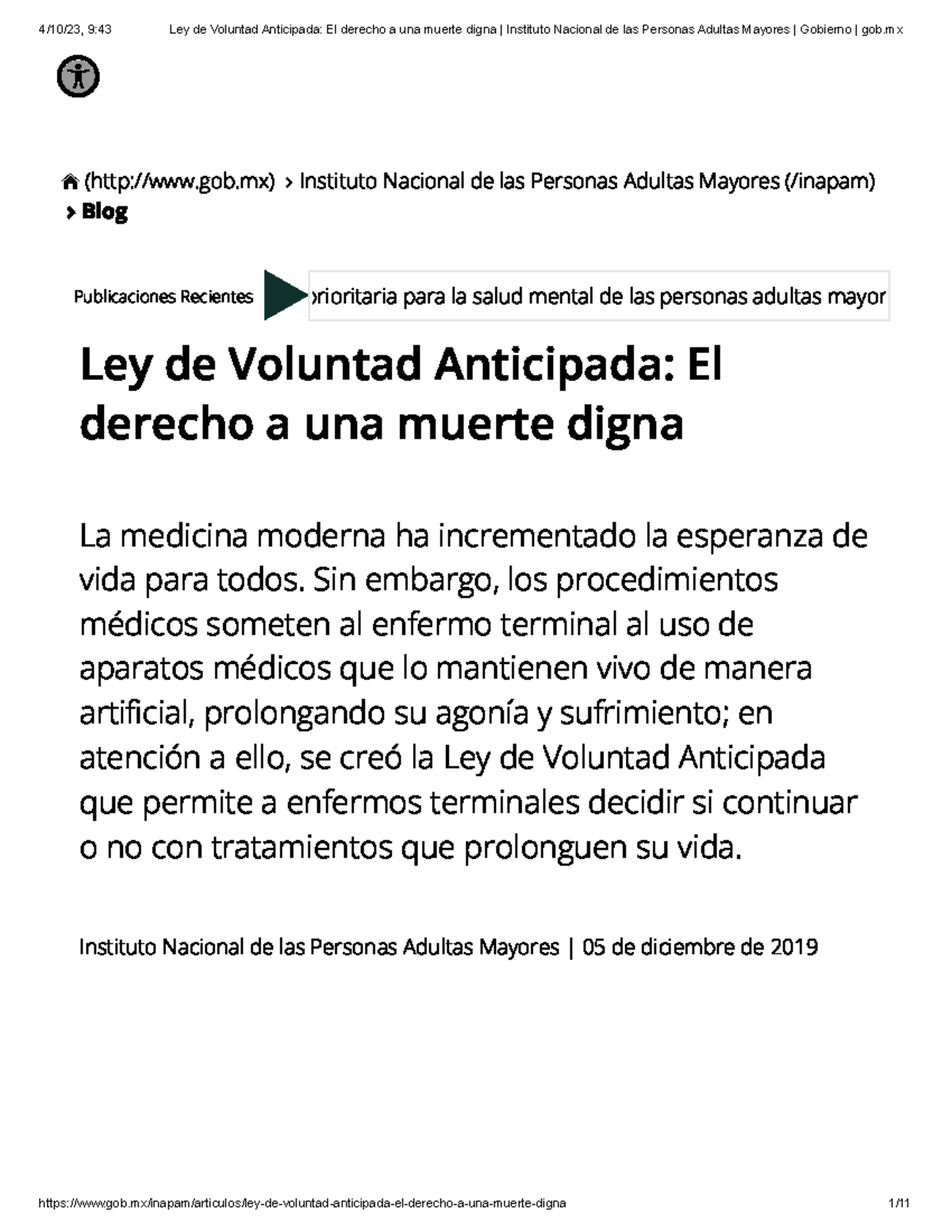 Ley de Voluntad Anticipada El derecho a una muerte digna Instituto