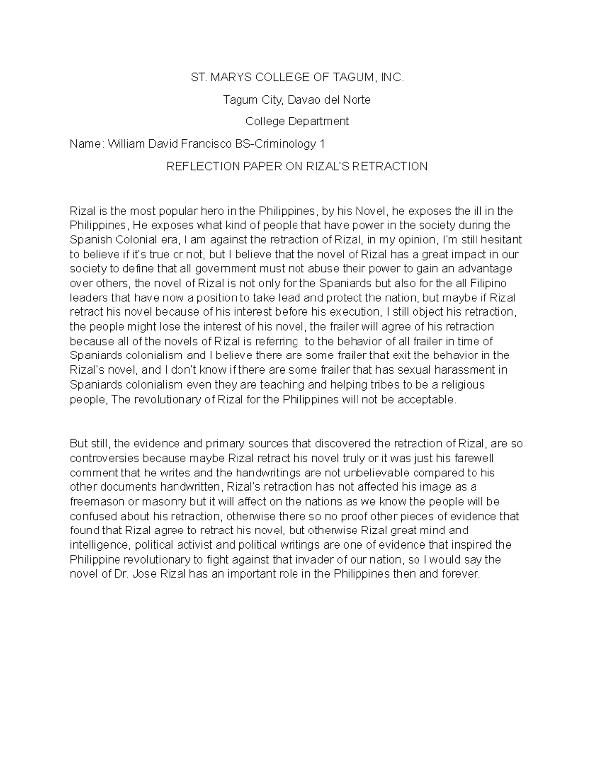 GE 2 reflection of retraction of rizal - ST. MARYS COLLEGE OF TAGUM ...