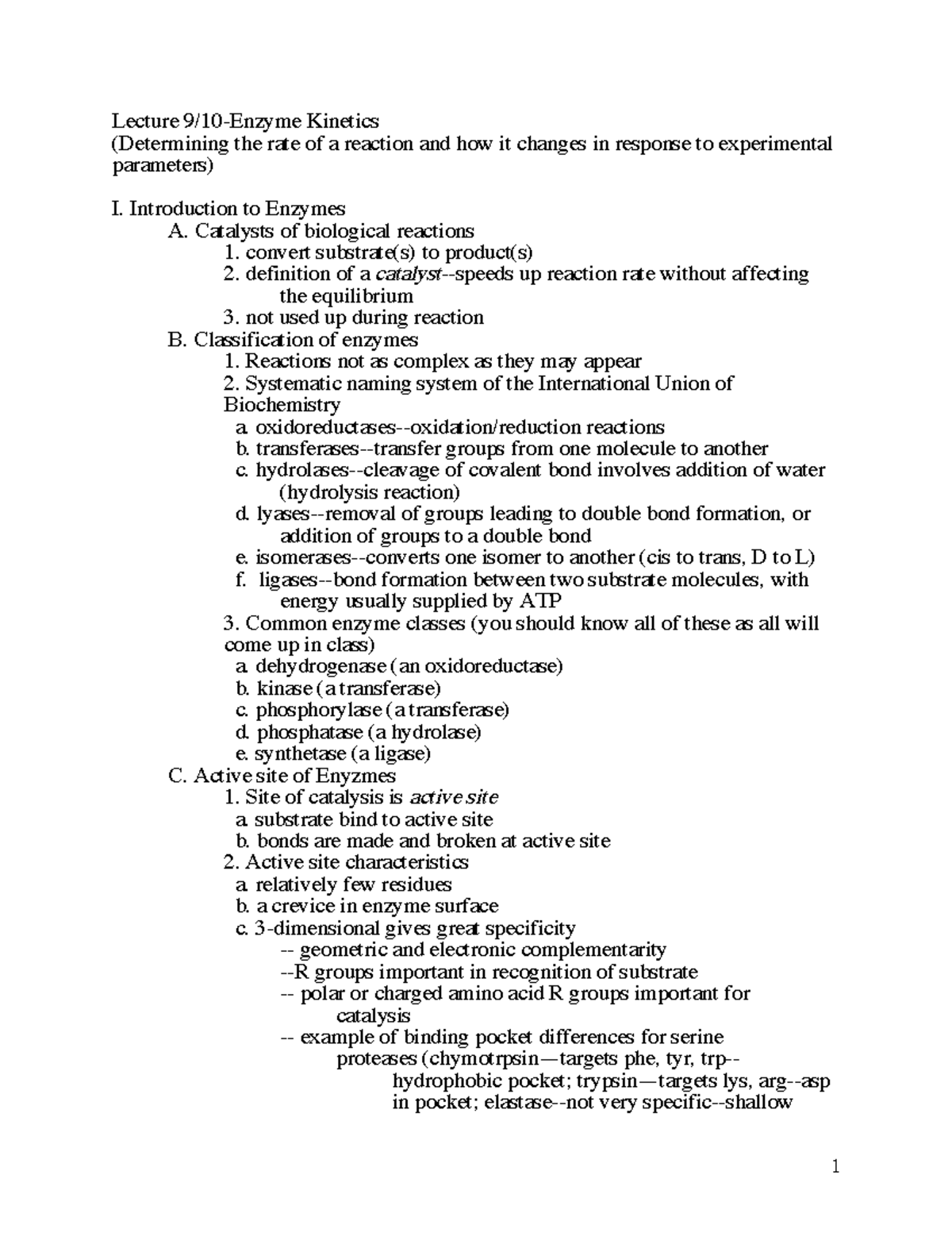 Biochemistry Lecture 912 Notes Lecture 9/10Enzyme