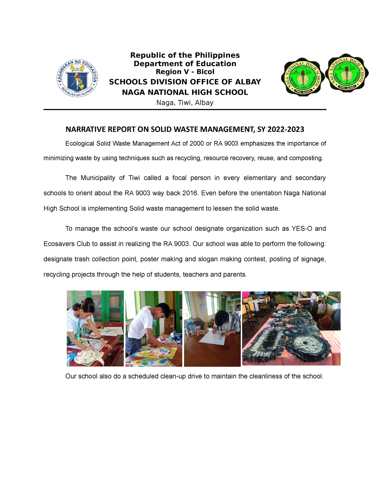 Narrative Report ON Beis - Republic Of The Philippines Department Of ...