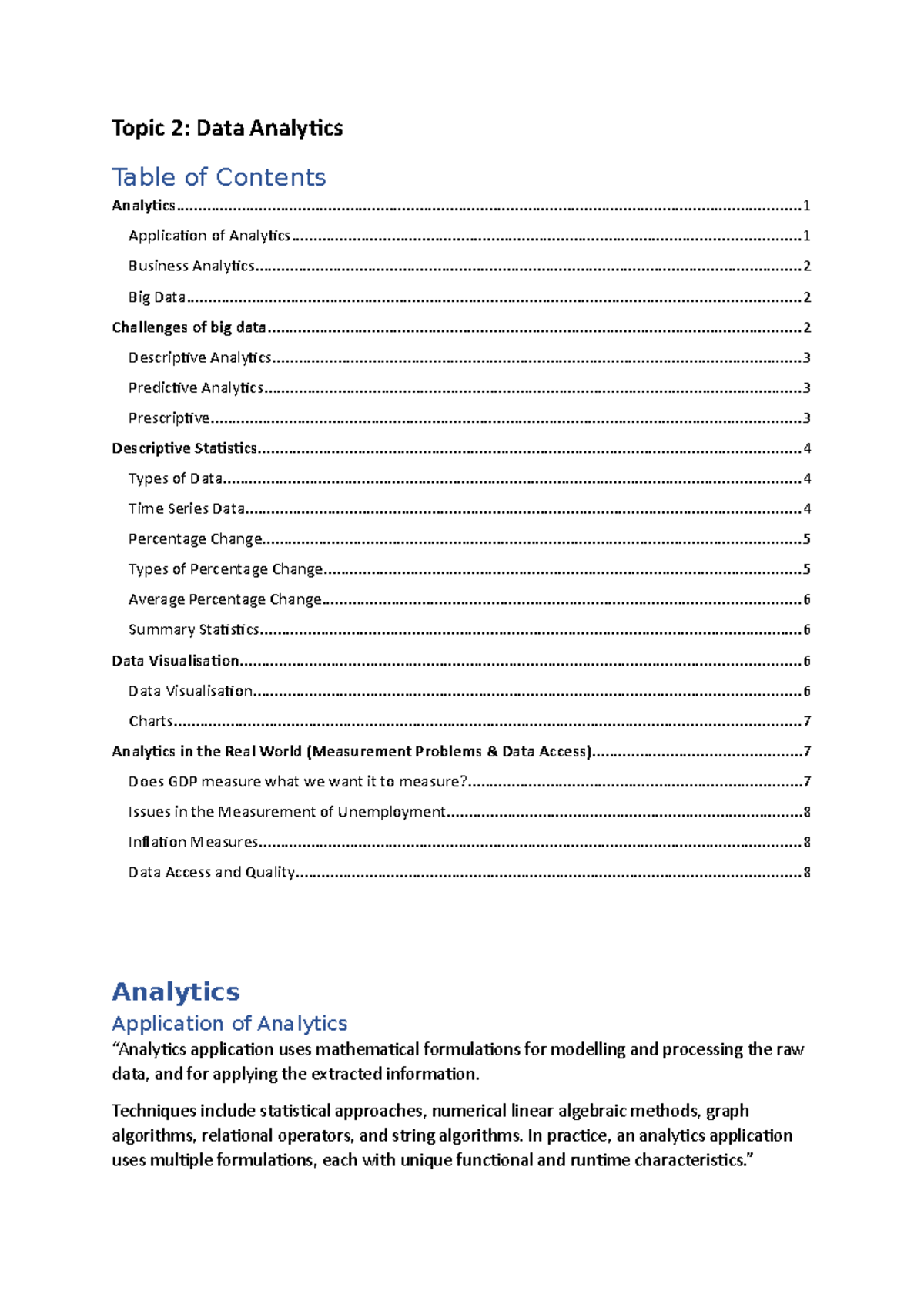 Week 2 - d fdf - Topic 2: Data Analytics Table of Contents - Studocu