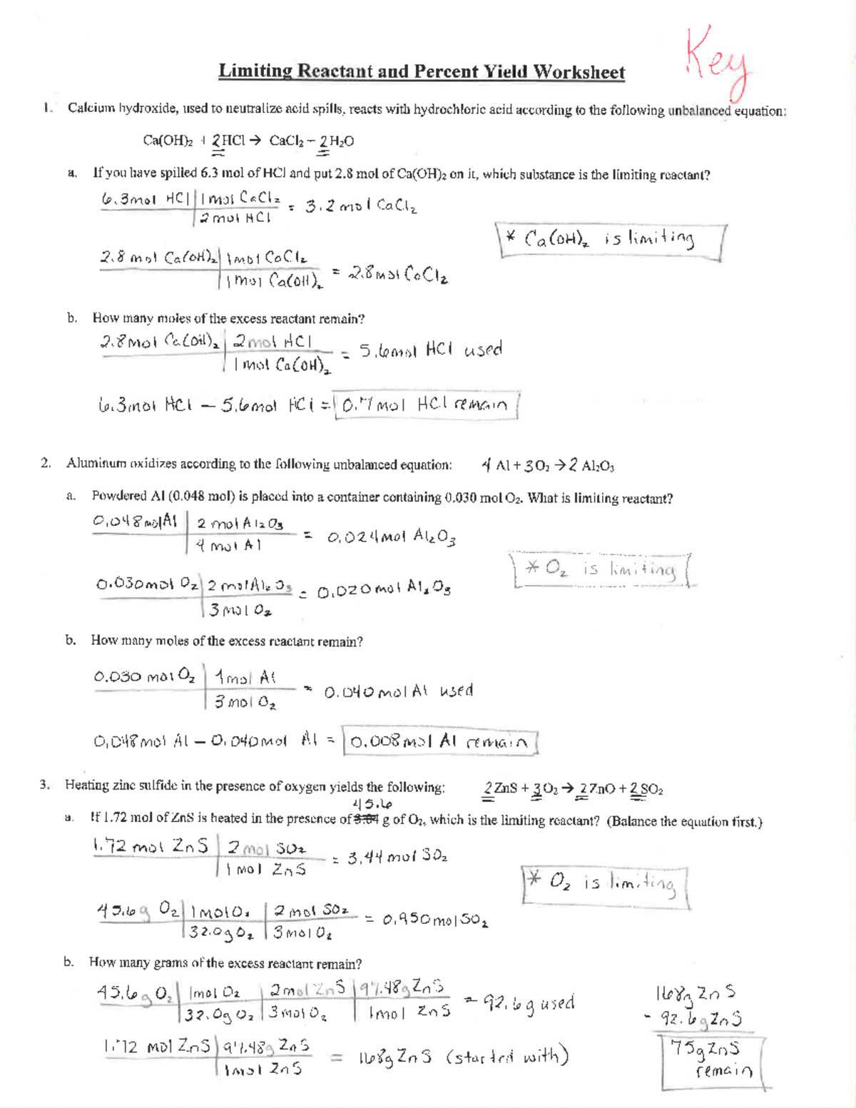 Limiting Reactant and Percent Yield Worksheet - CH 420 - Studocu