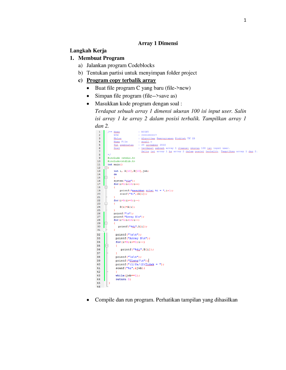 Materi Array 1 Dimensi 1 Array 1 Dimensi Langkah Kerja Membuat Program A Jalankan Program 2338