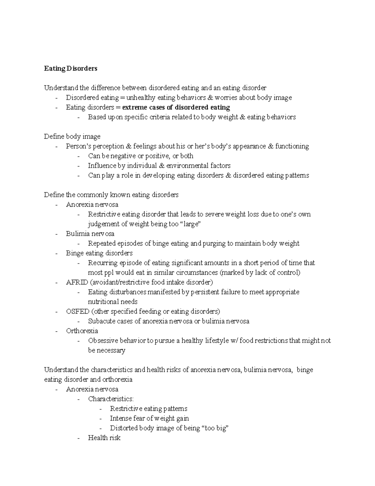 2021 - NURS 270 - Final Nutrition Study Guide - Eating Disorders ...