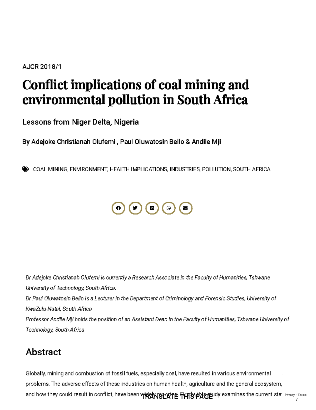 Conflict implications of coal mining and environmental pollution in ...