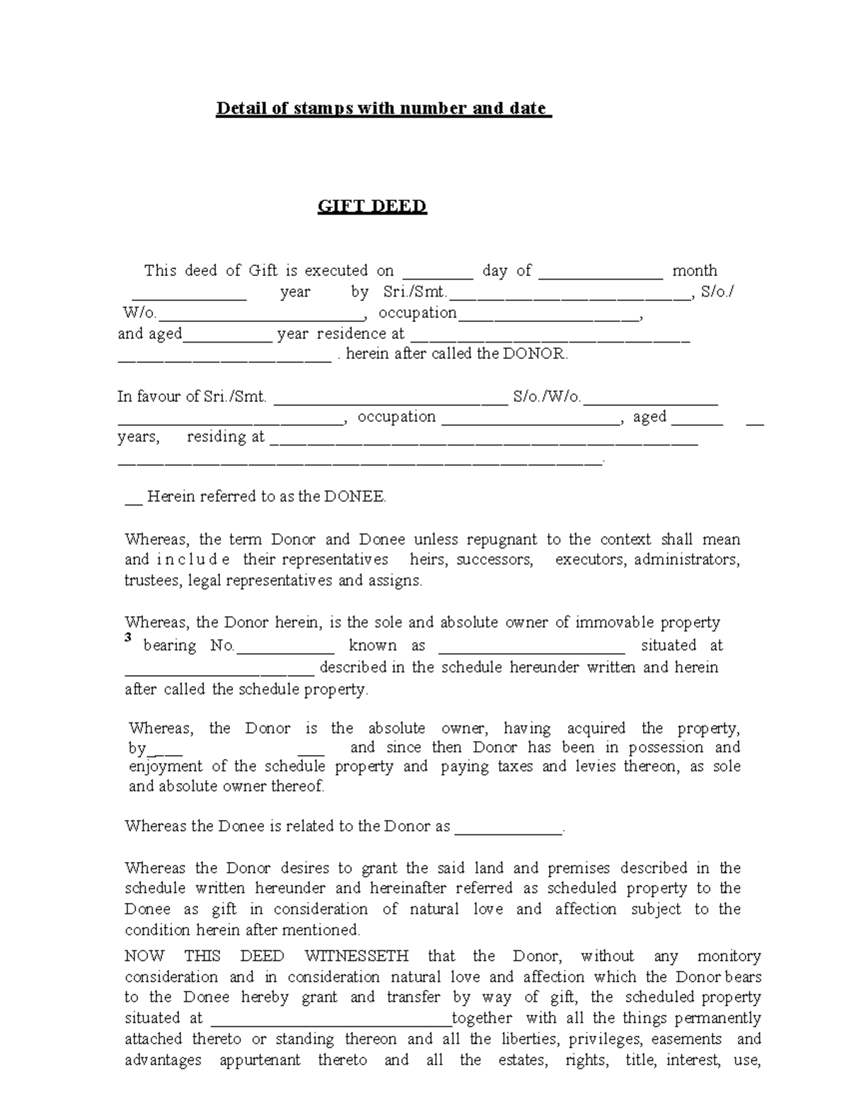 Gift Deed Gift Deed Detail Of Stamps With Number And Date GIFT DEED 