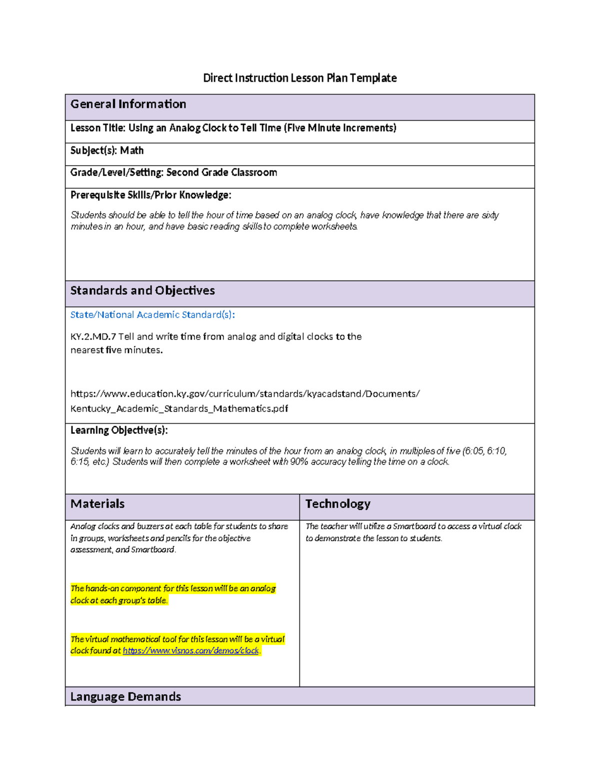C109 Math Methods Task 1 - Direct Instruction Lesson Plan Template ...