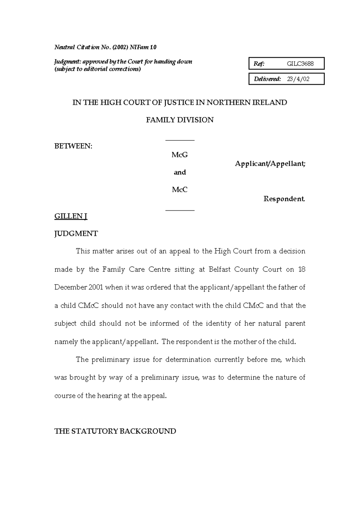 Mc G v Mc C - Neutral Citation No. (2002) NIFam 10 Judgment: approved ...