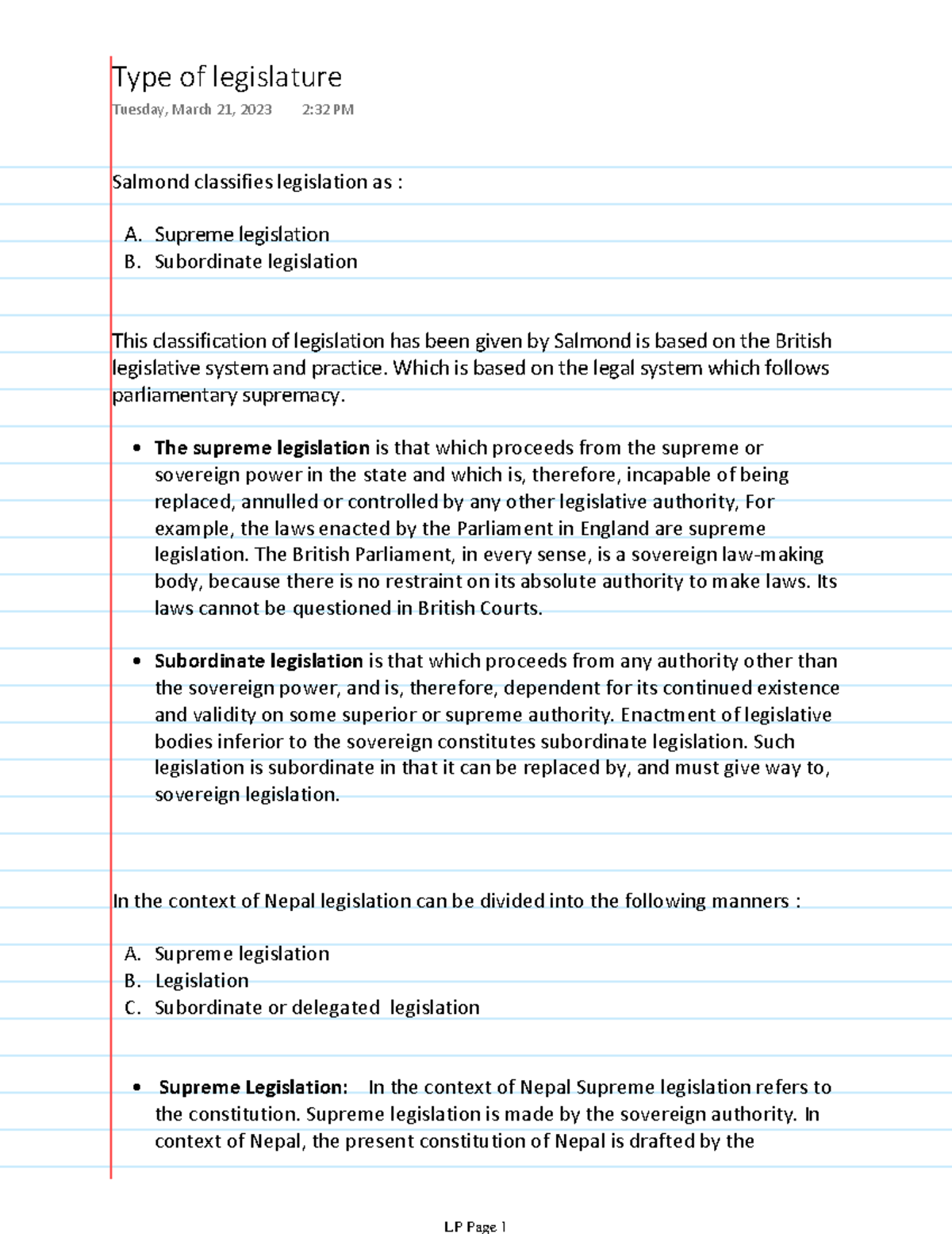 Type of legislature - Salmond classifies legislation as : A. Supreme ...