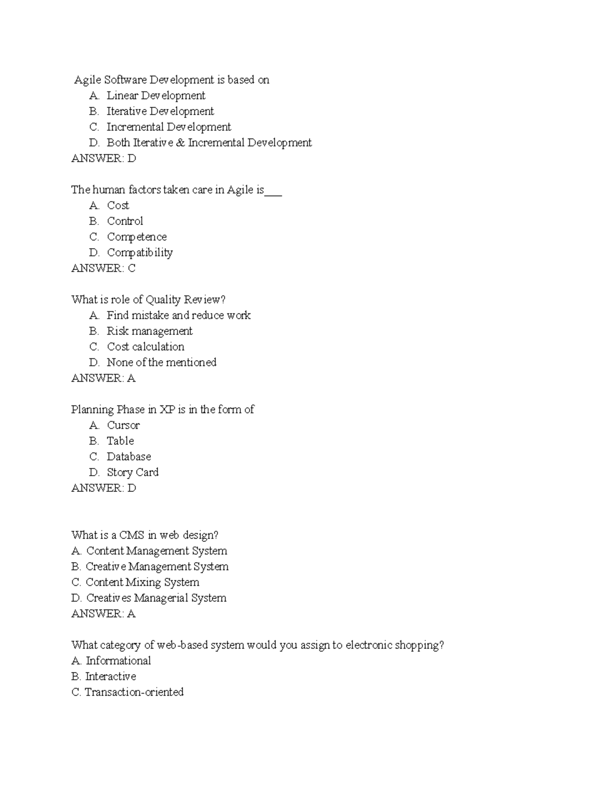 Unit 5 pr - OOSE - Agile Software Development is based on A. Linear ...