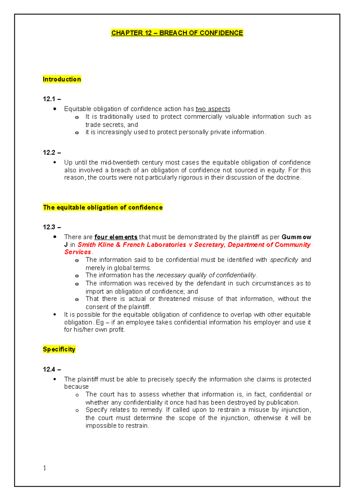 Notes - Chapter 12 ETR - CHAPTER 12 BREACH OF CONFIDENCE Introduction ...