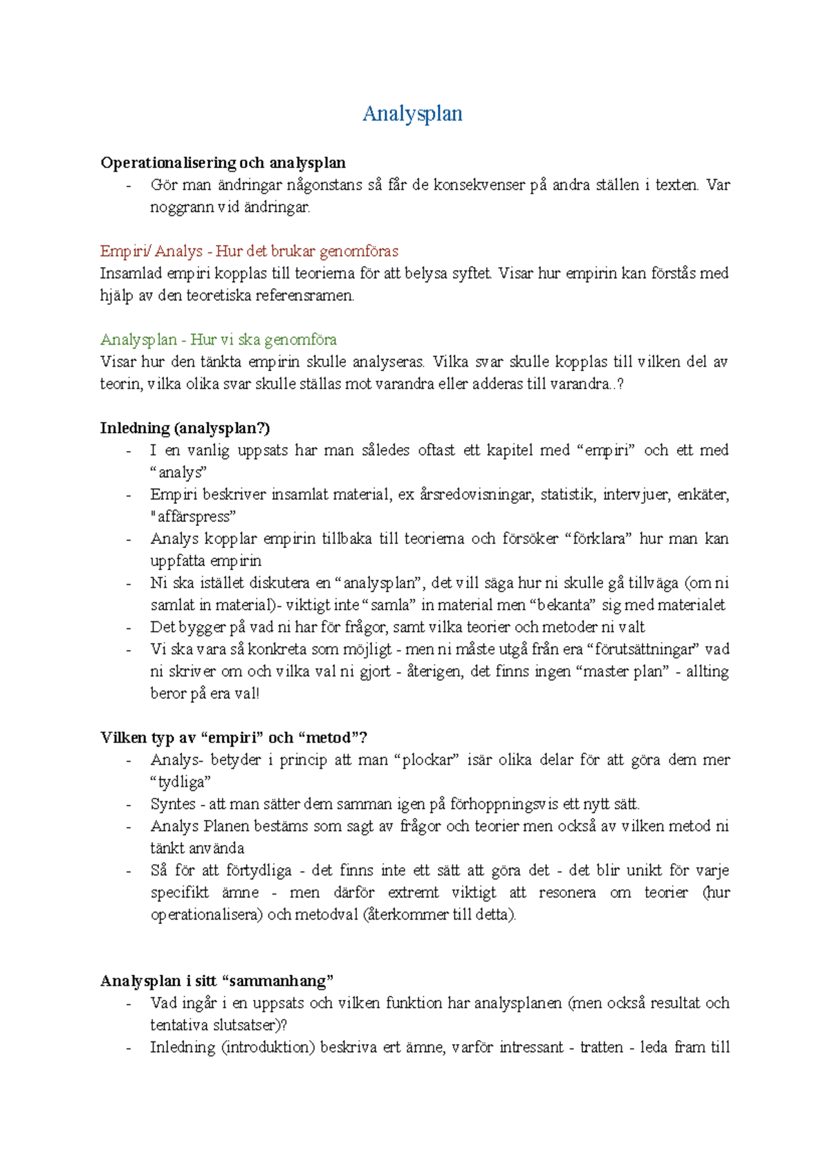 Analysplan- Föreläsningsanteckningar - Analysplan Operationalisering ...