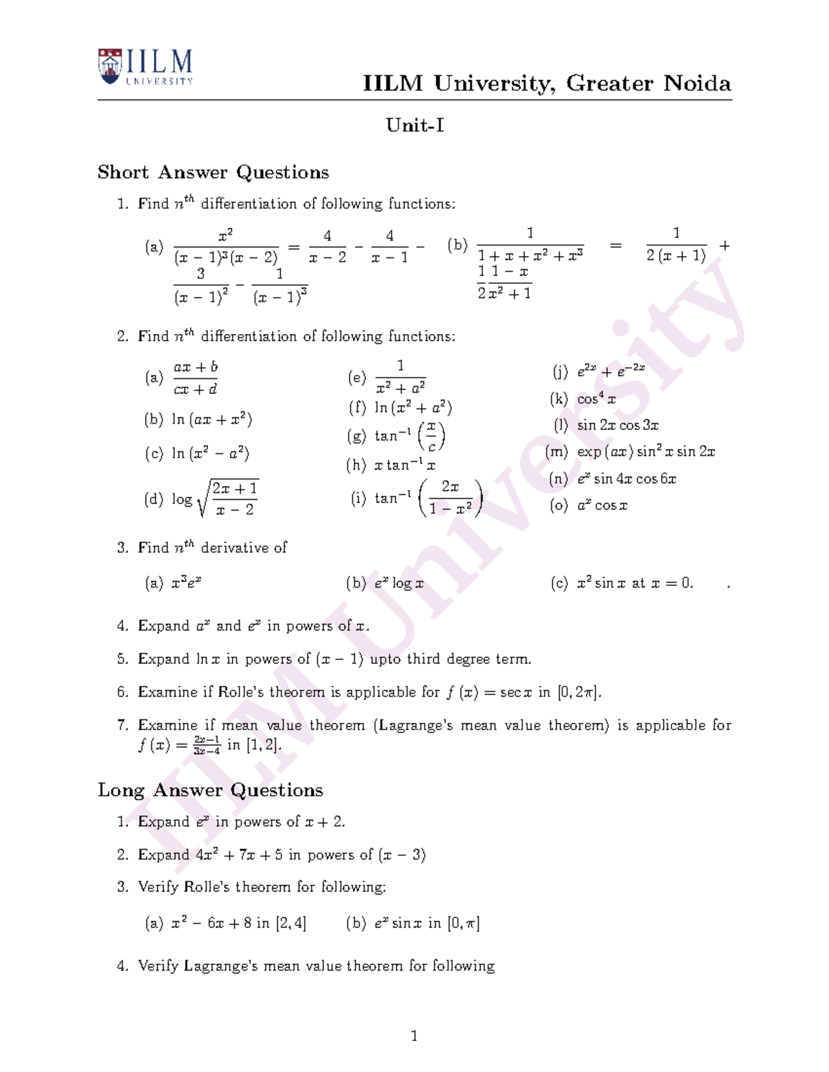 UNIT 1 Worksheet - IILM University IILM University, Greater Noida Unit ...