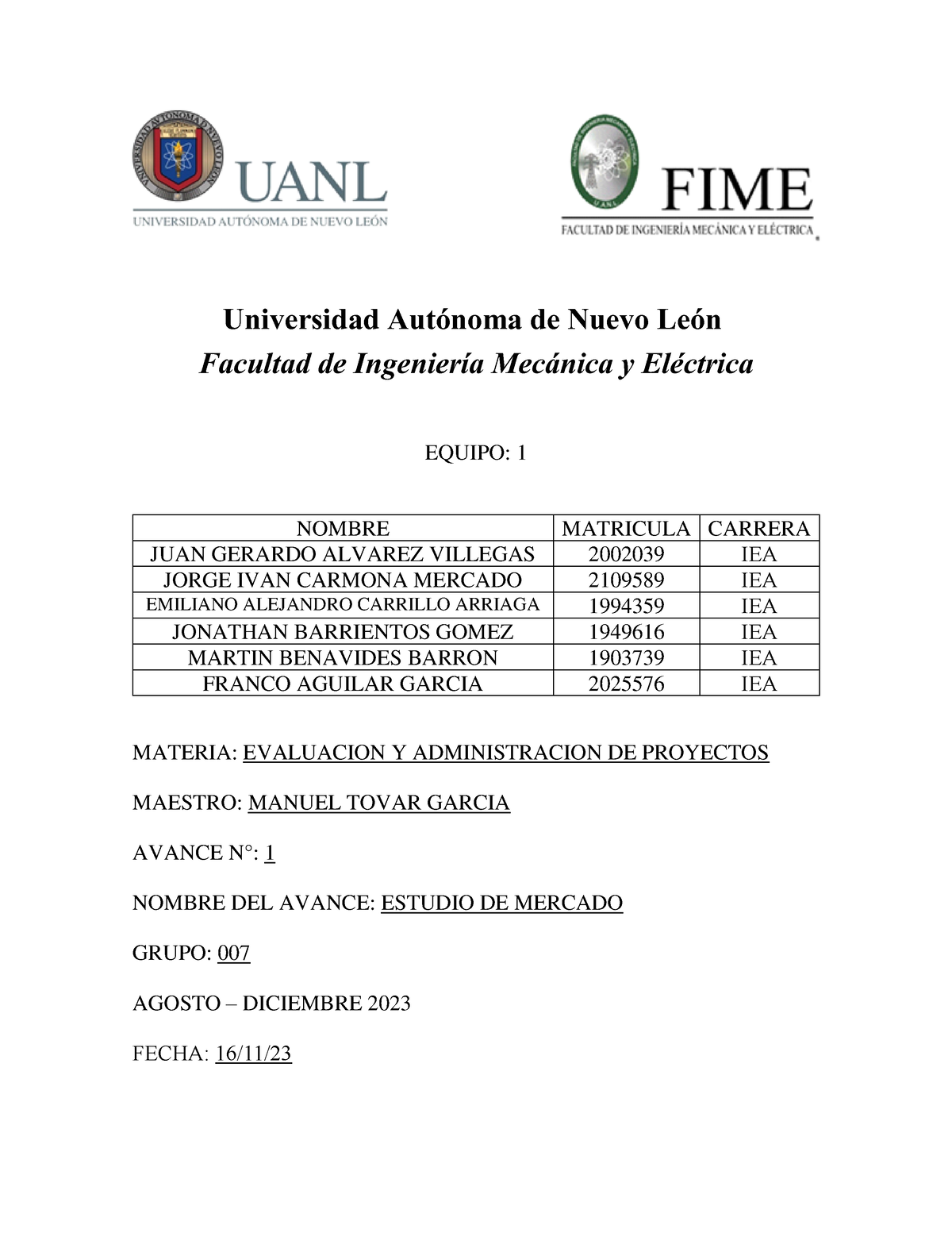 Avance 1 Eq 1 70 Cal Universidad Autónoma De Nuevo León Facultad De Ingeniería Mecánica Y 3022