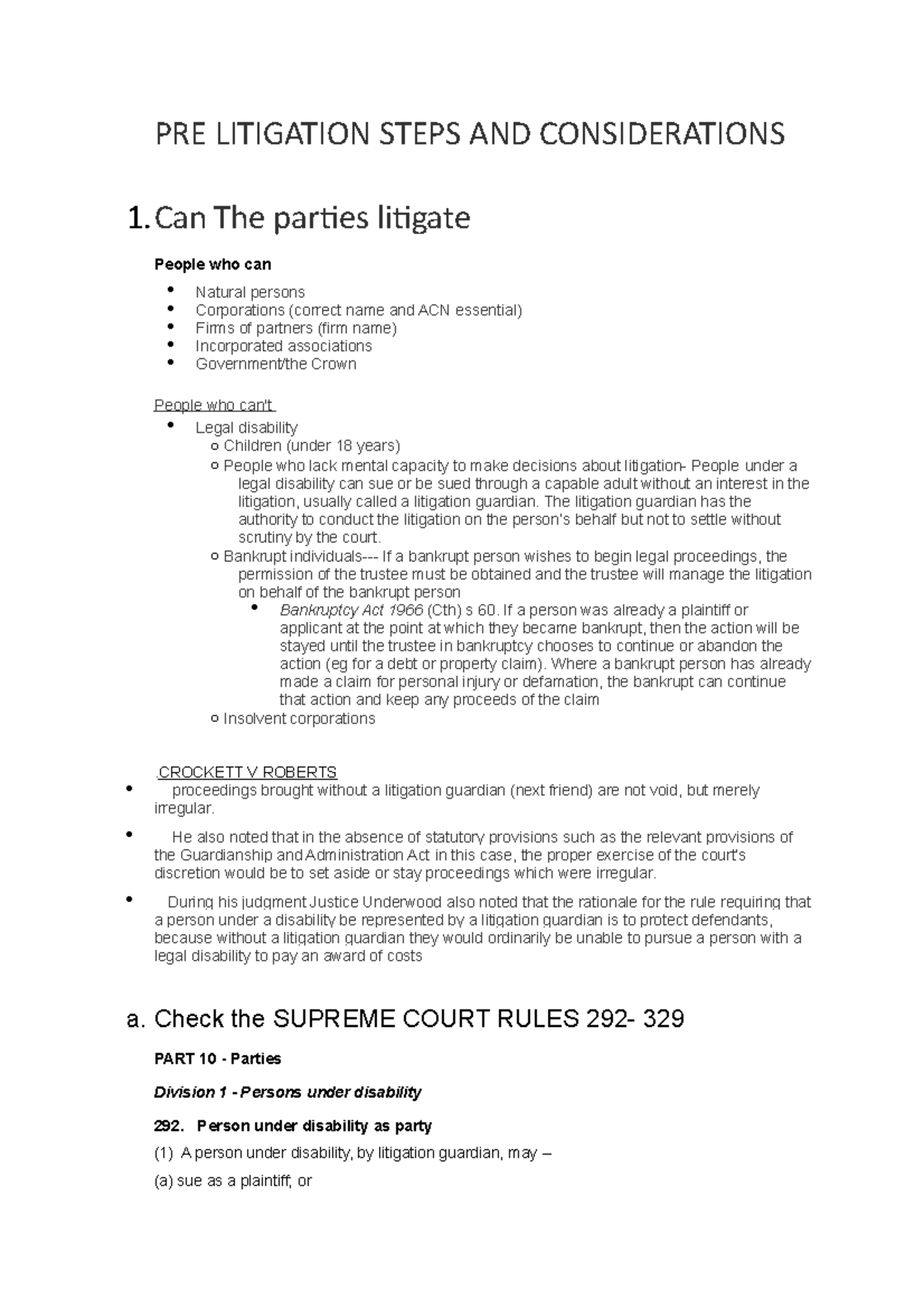 Civil procedure guide (pre litigation) PRE LITIGATION STEPS AND